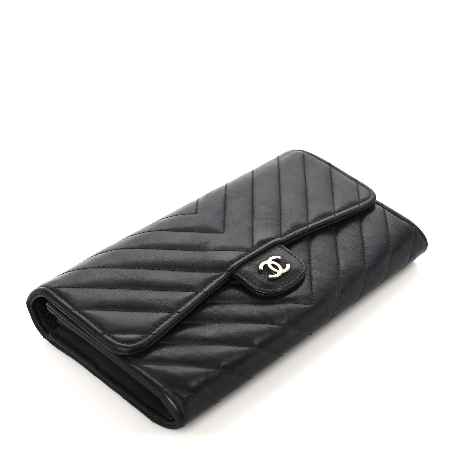 Calfskin Chevron Quilted Large Gusset Flap Wallet Black - Image 4