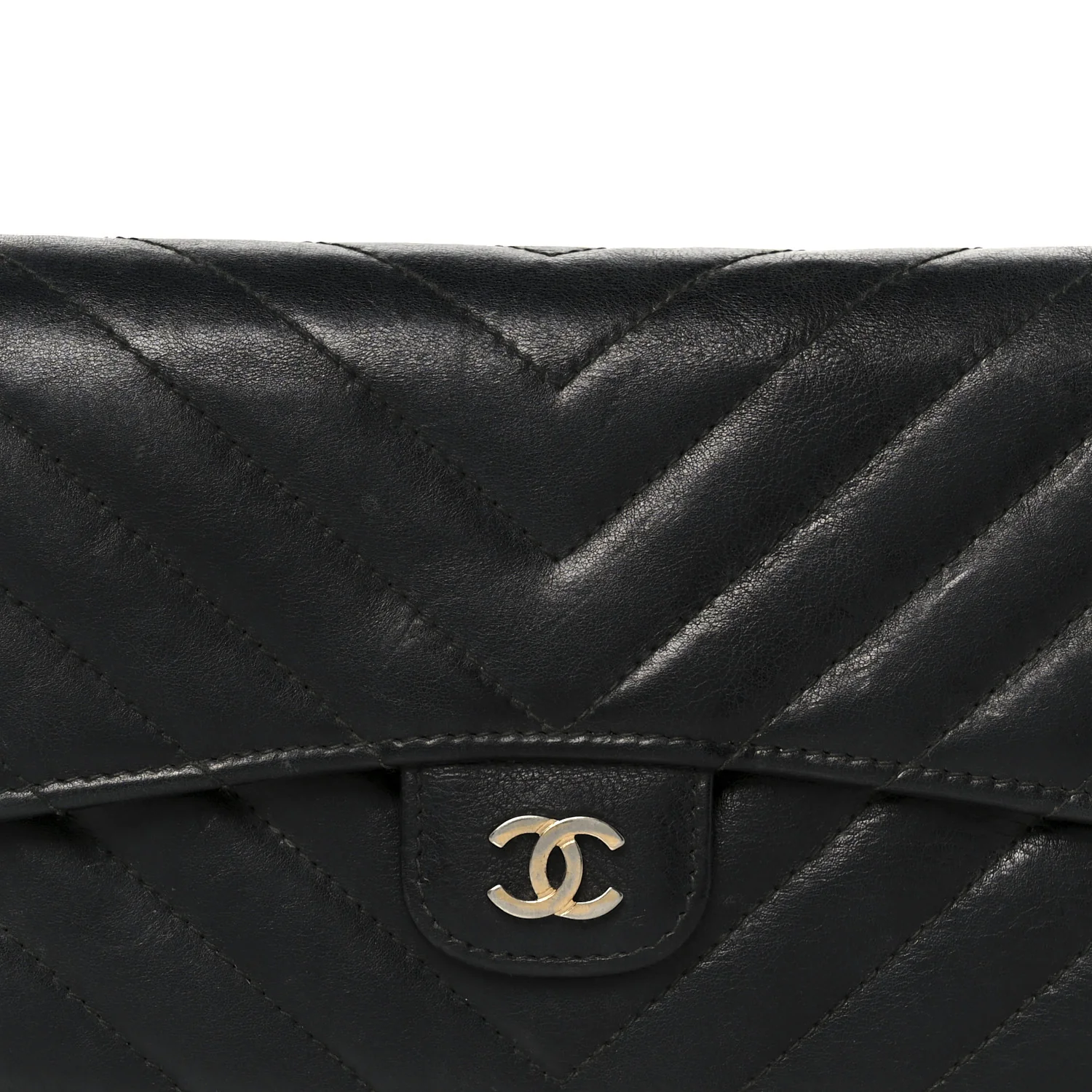 Calfskin Chevron Quilted Large Gusset Flap Wallet Black - Image 9