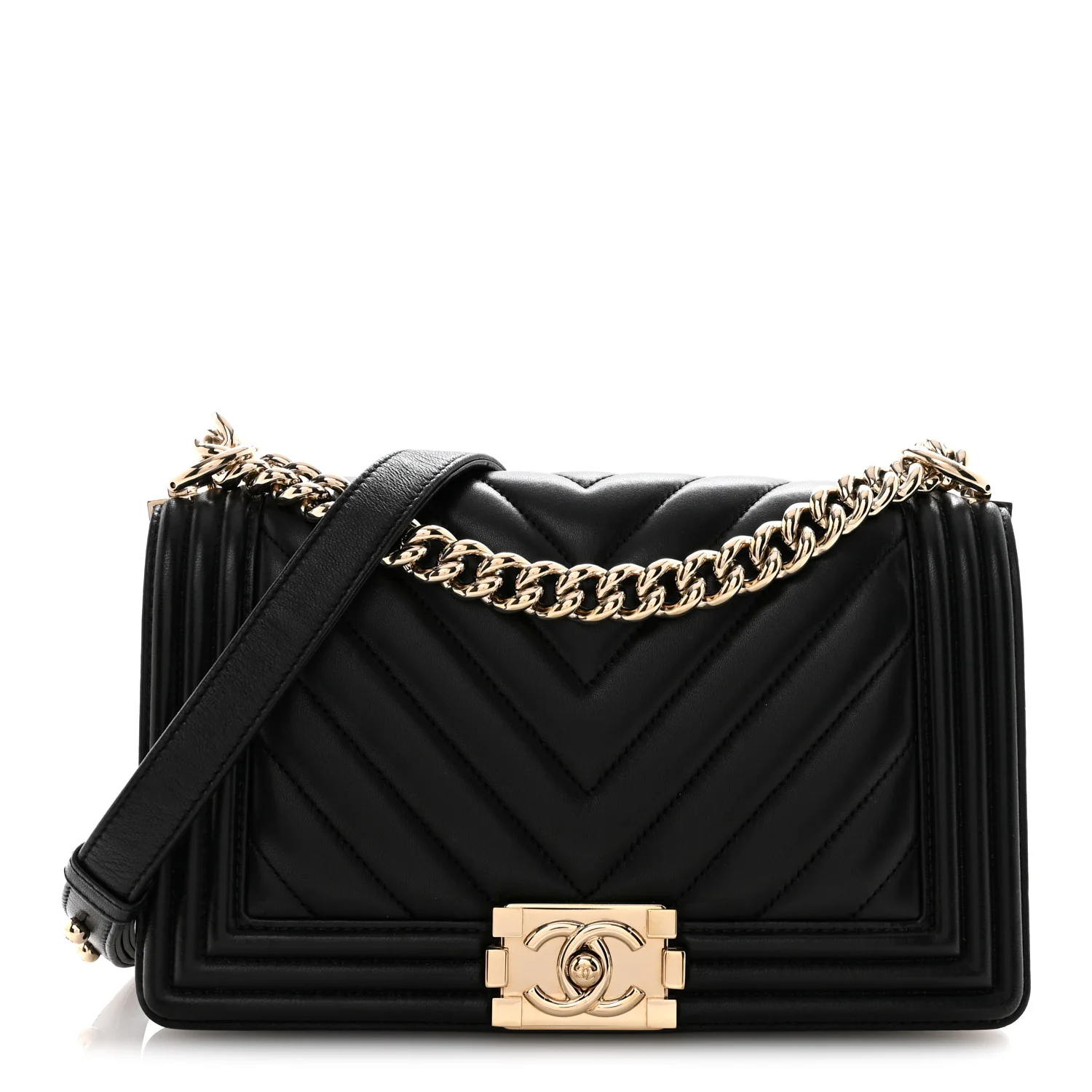 Calfskin Chevron Quilted Medium Boy Flap Black