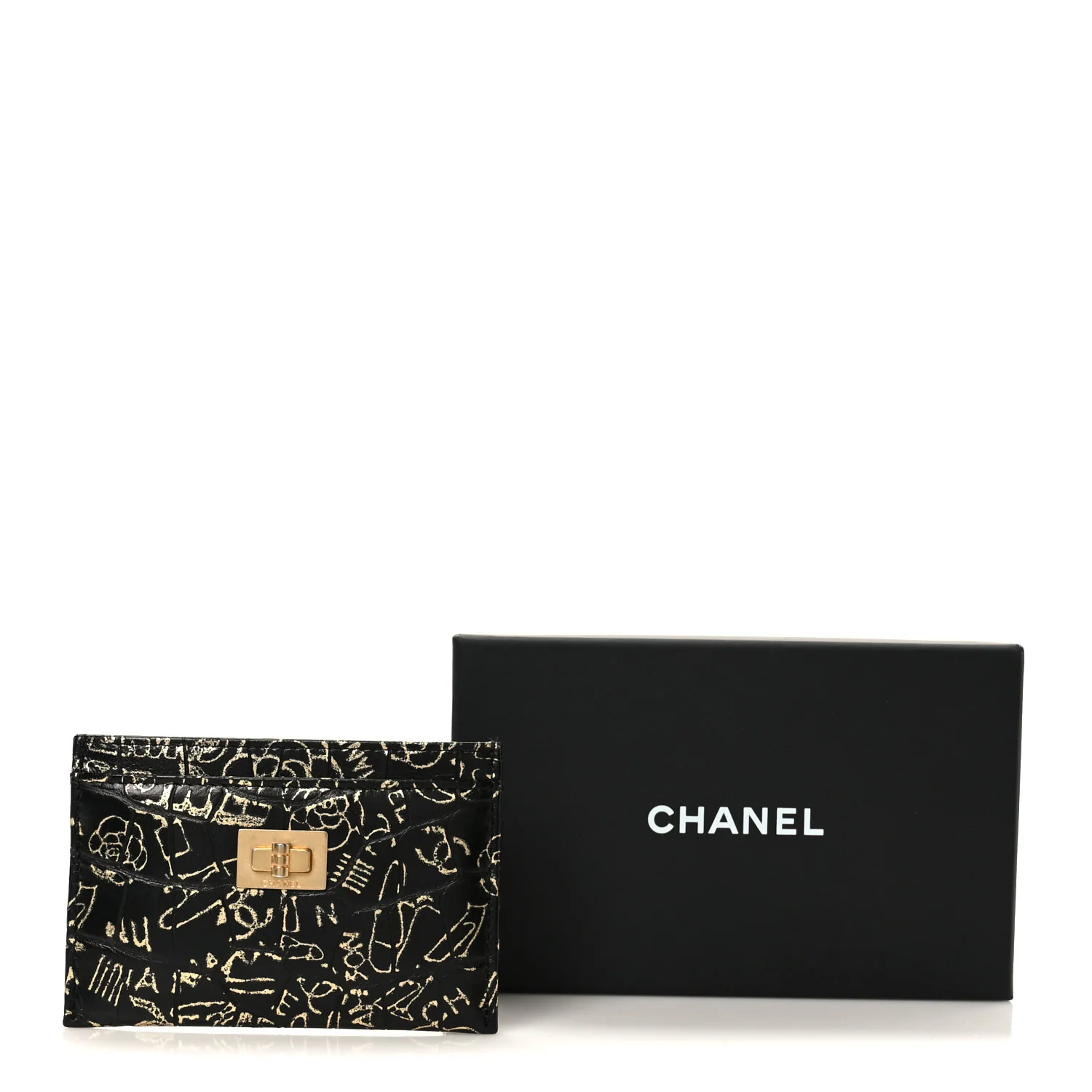 Calfskin Crocodile Embossed Graffiti 2.55 Cocodile Reissue Card Holder Black Gold - Image 10