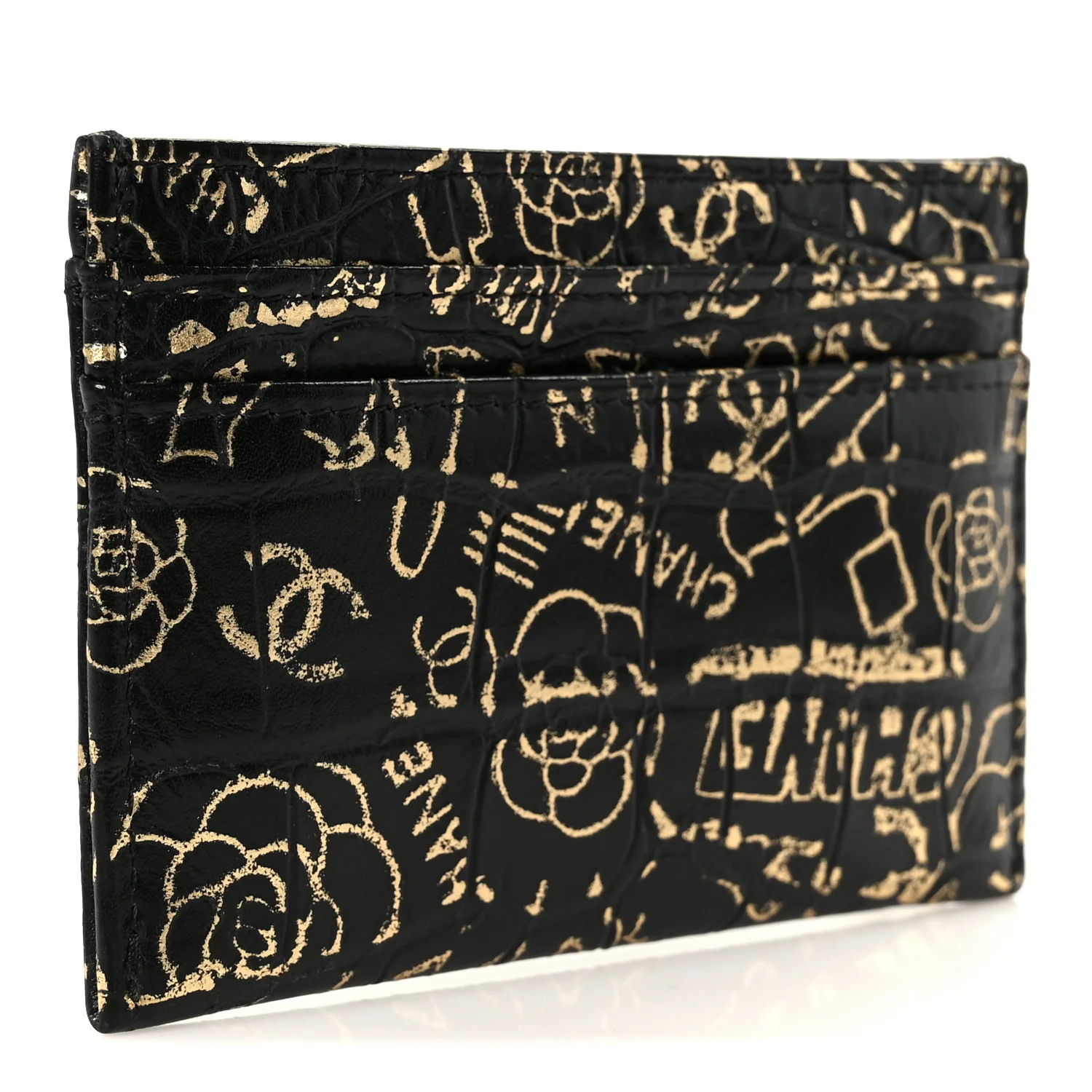 Calfskin Crocodile Embossed Graffiti 2.55 Cocodile Reissue Card Holder Black Gold - Image 3