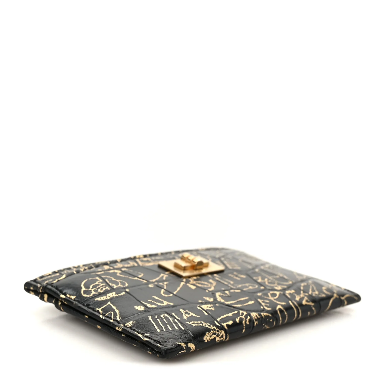 Calfskin Crocodile Embossed Graffiti 2.55 Cocodile Reissue Card Holder Black Gold - Image 4