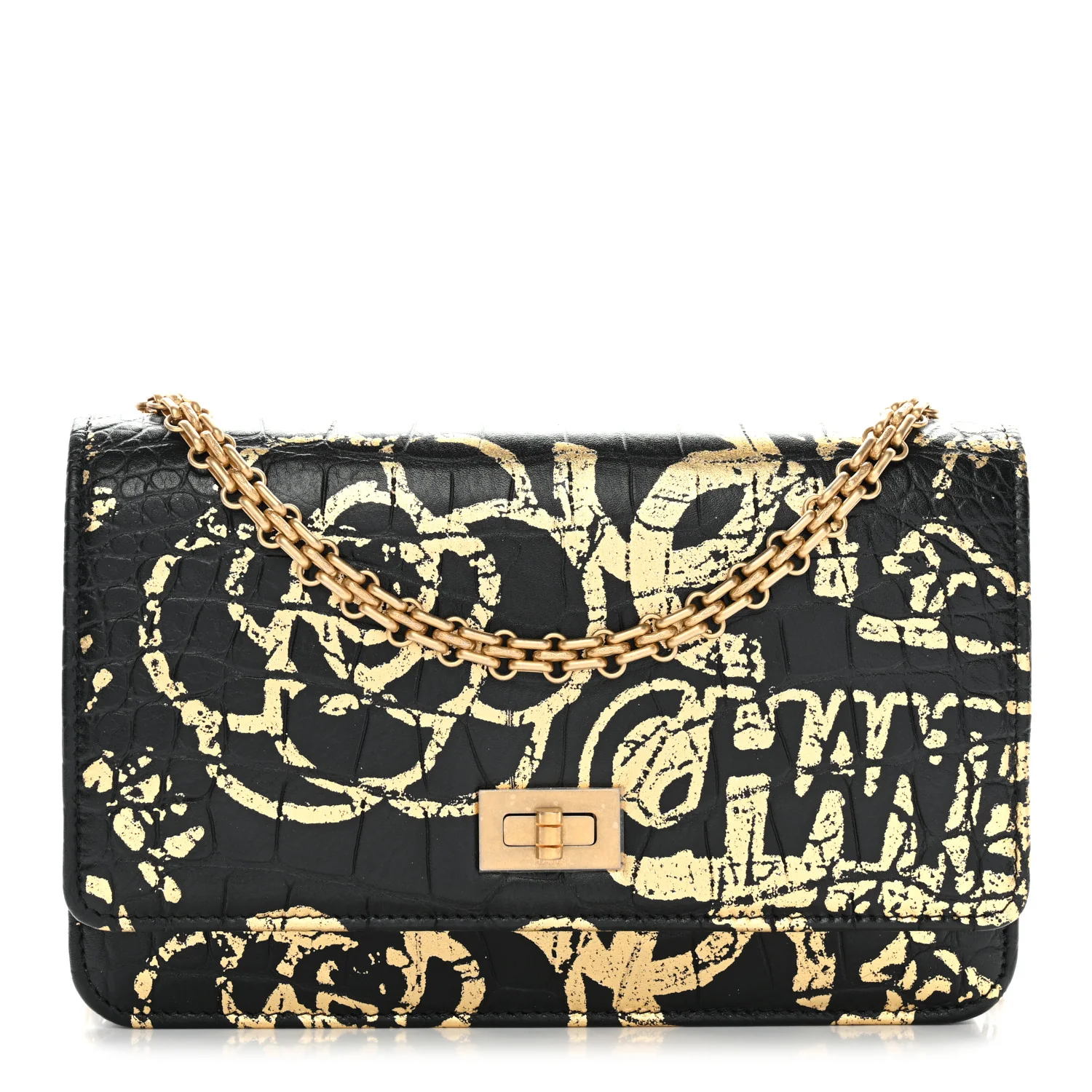 Calfskin Crocodile Embossed Graffiti 2.55 Cocodile Reissue Wallet On Chain WOC Black Gold - Image 2