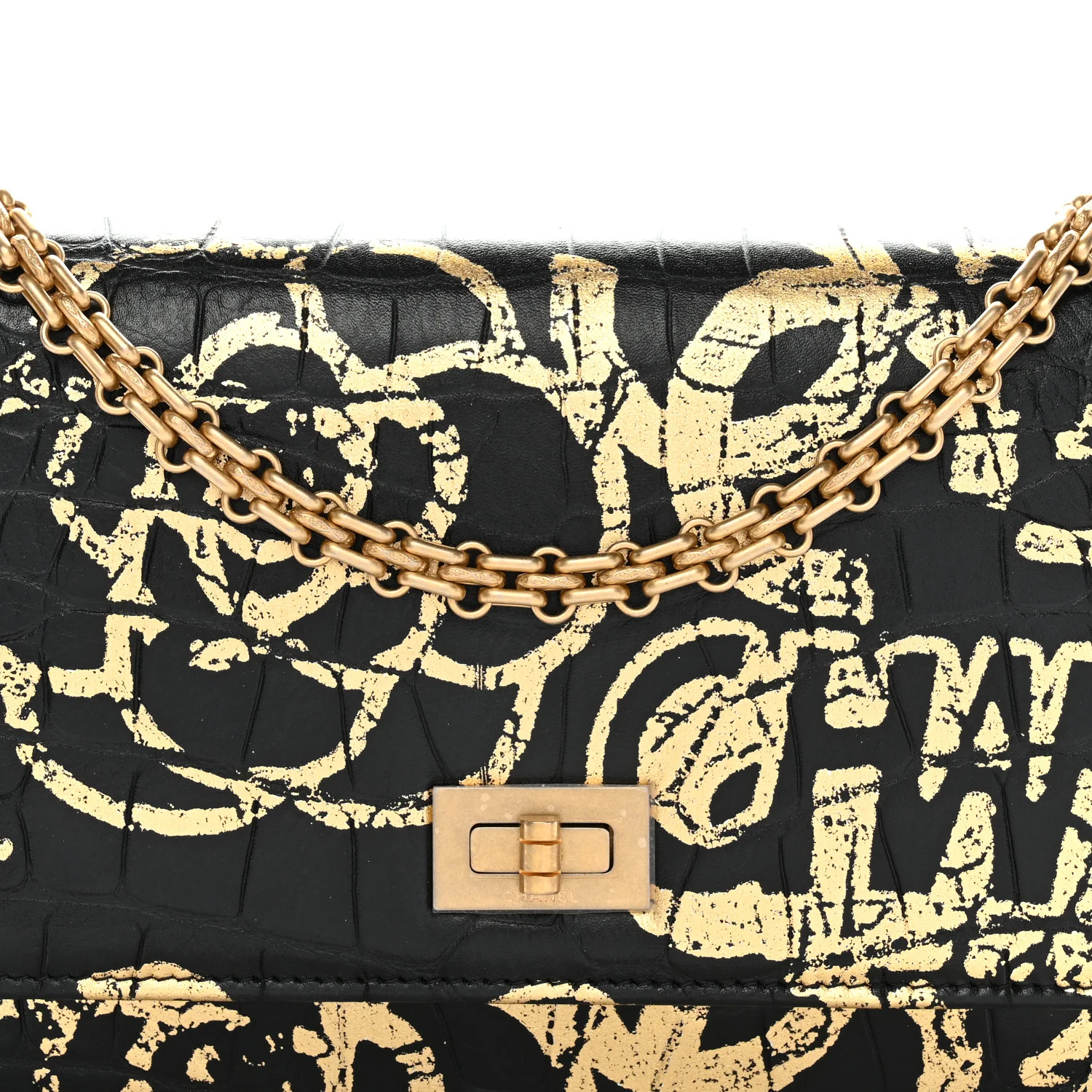 Calfskin Crocodile Embossed Graffiti 2.55 Cocodile Reissue Wallet On Chain WOC Black Gold - Image 24