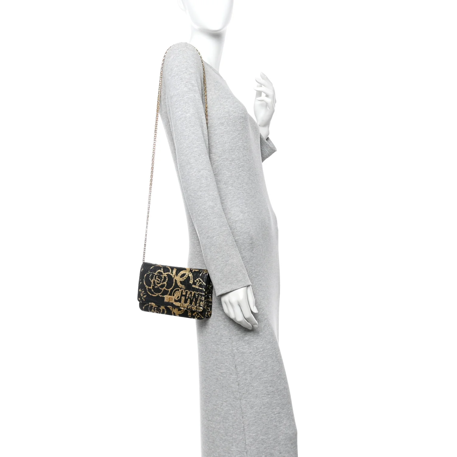 Calfskin Crocodile Embossed Graffiti 2.55 Cocodile Reissue Wallet On Chain WOC Black Gold - Image 4