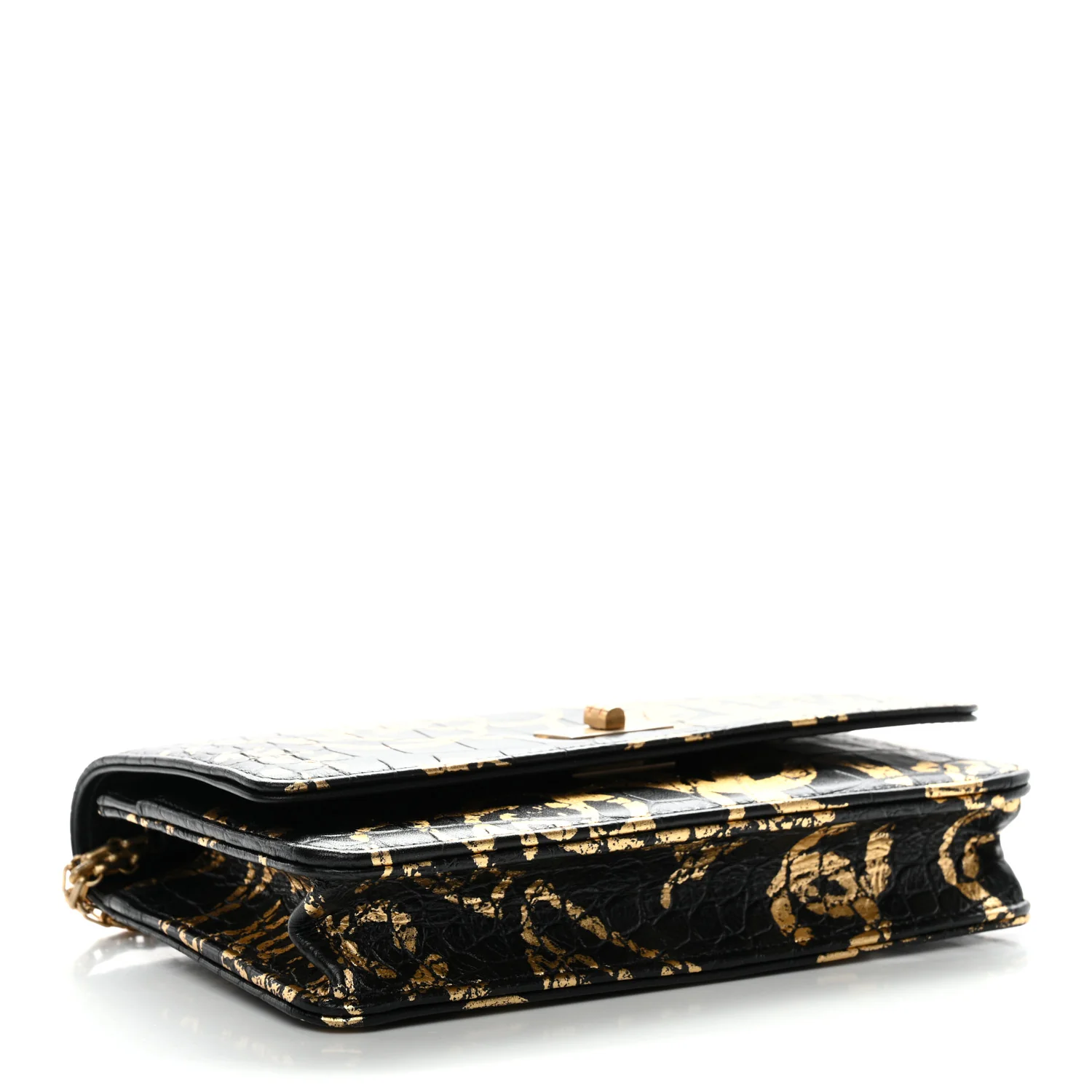 Calfskin Crocodile Embossed Graffiti 2.55 Cocodile Reissue Wallet On Chain WOC Black Gold - Image 9