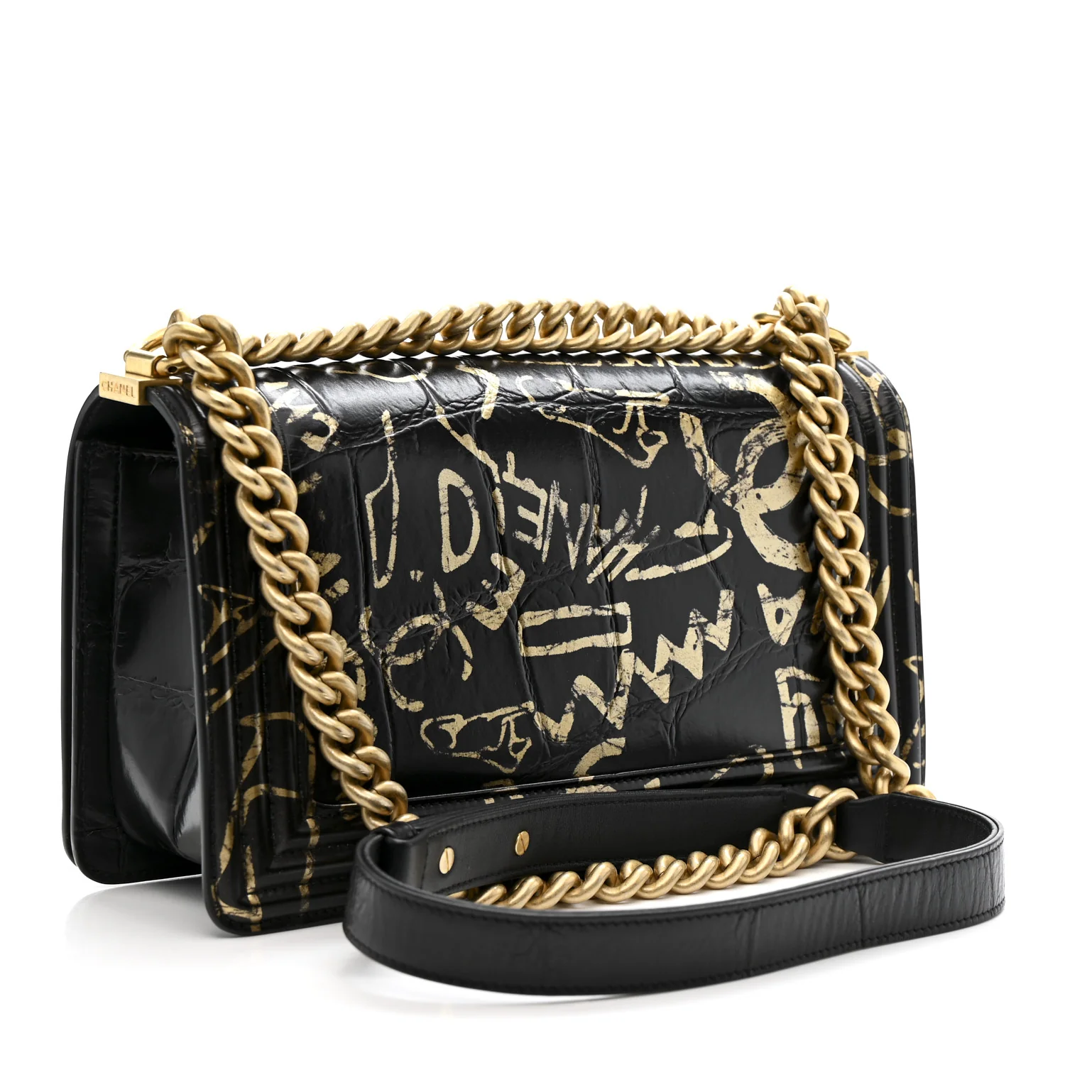 Calfskin Crocodile Embossed Graffiti Cocodile Medium Boy Flap Black - Image 3