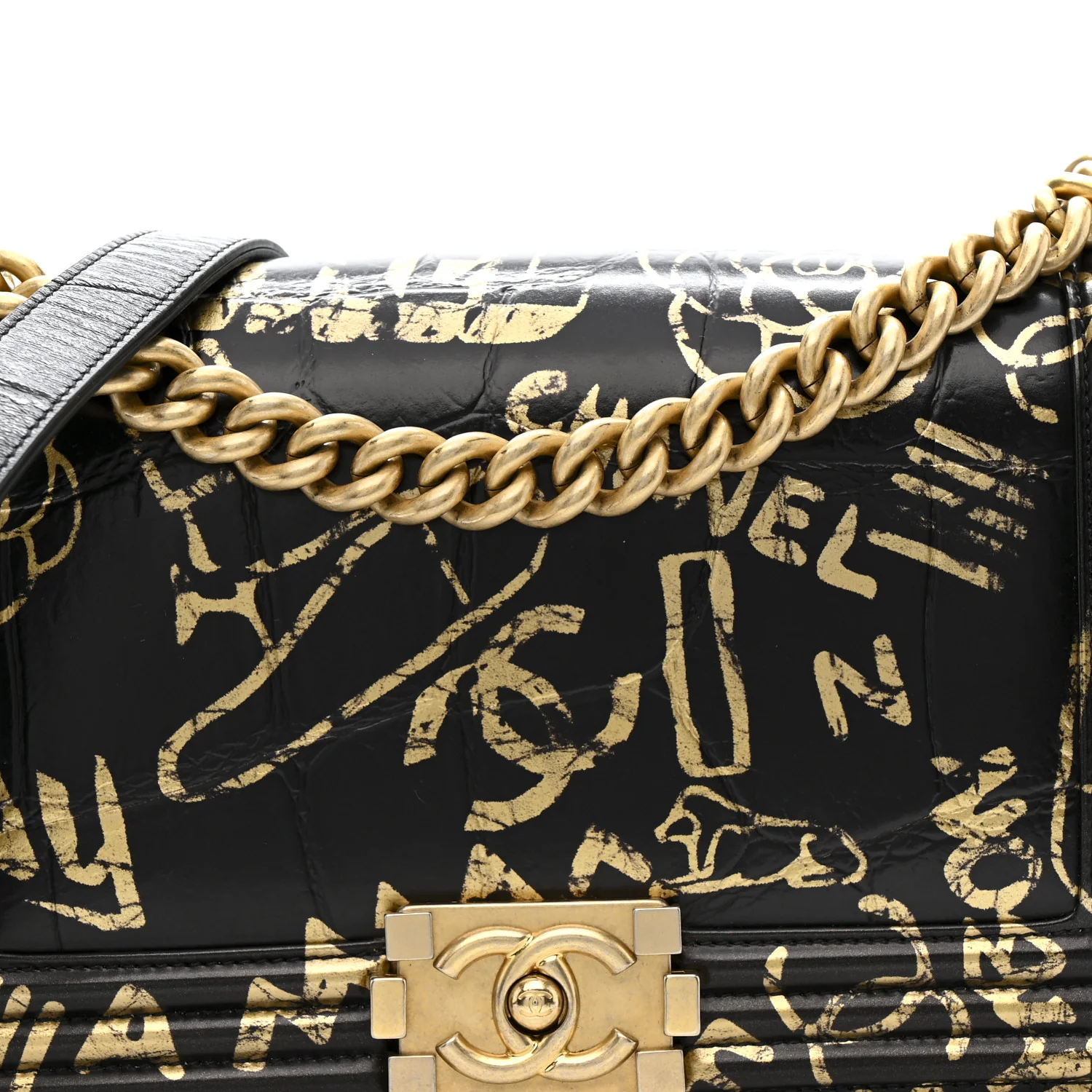 Calfskin Crocodile Embossed Graffiti Cocodile Medium Boy Flap Black - Image 8