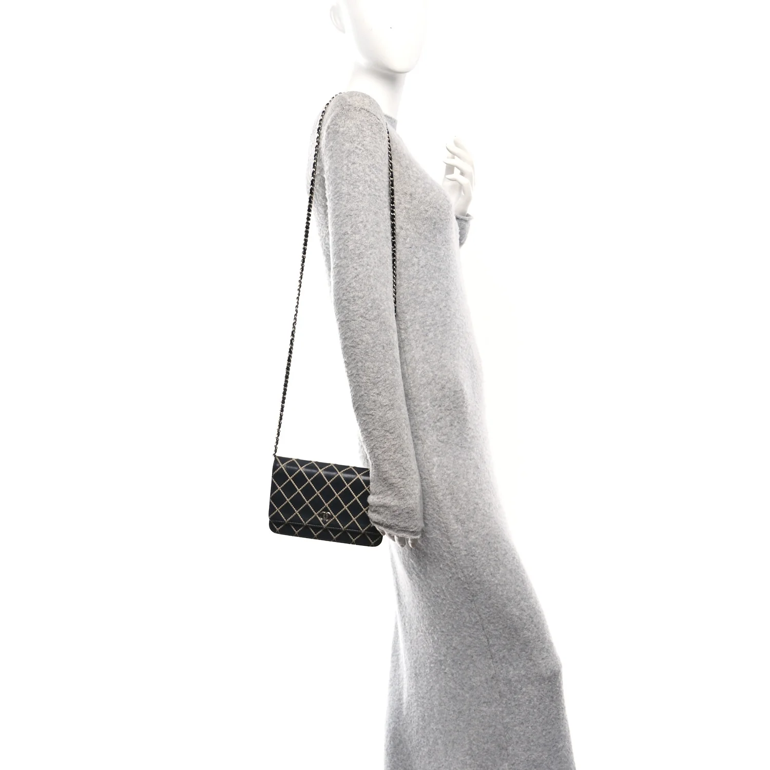 Calfskin Diamond Stitch Wallet On Chain WOC Black - Image 2