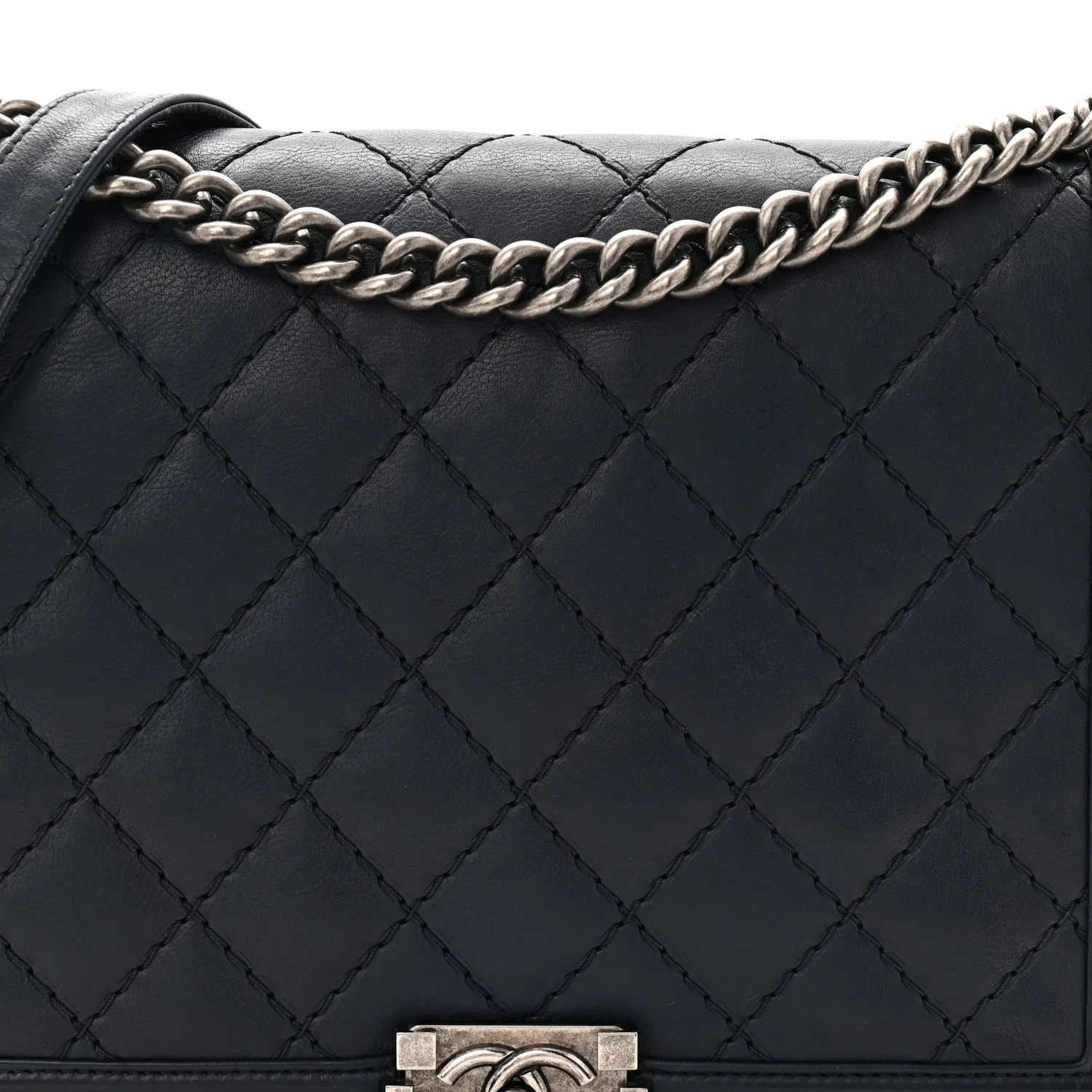 Calfskin Double Stitch Large Boy Flap Navy Blue - Image 8
