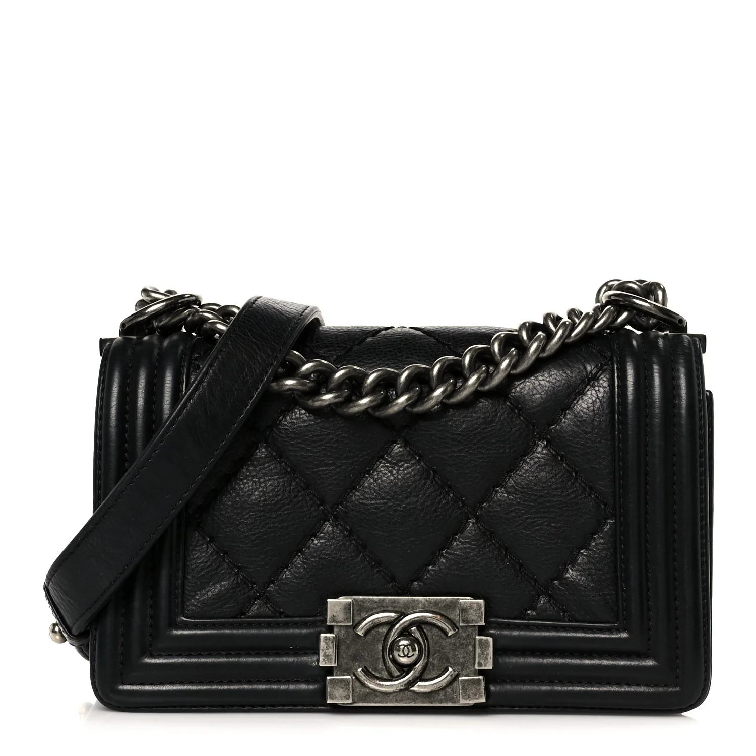 Calfskin Double Stitch Small Boy Flap Black