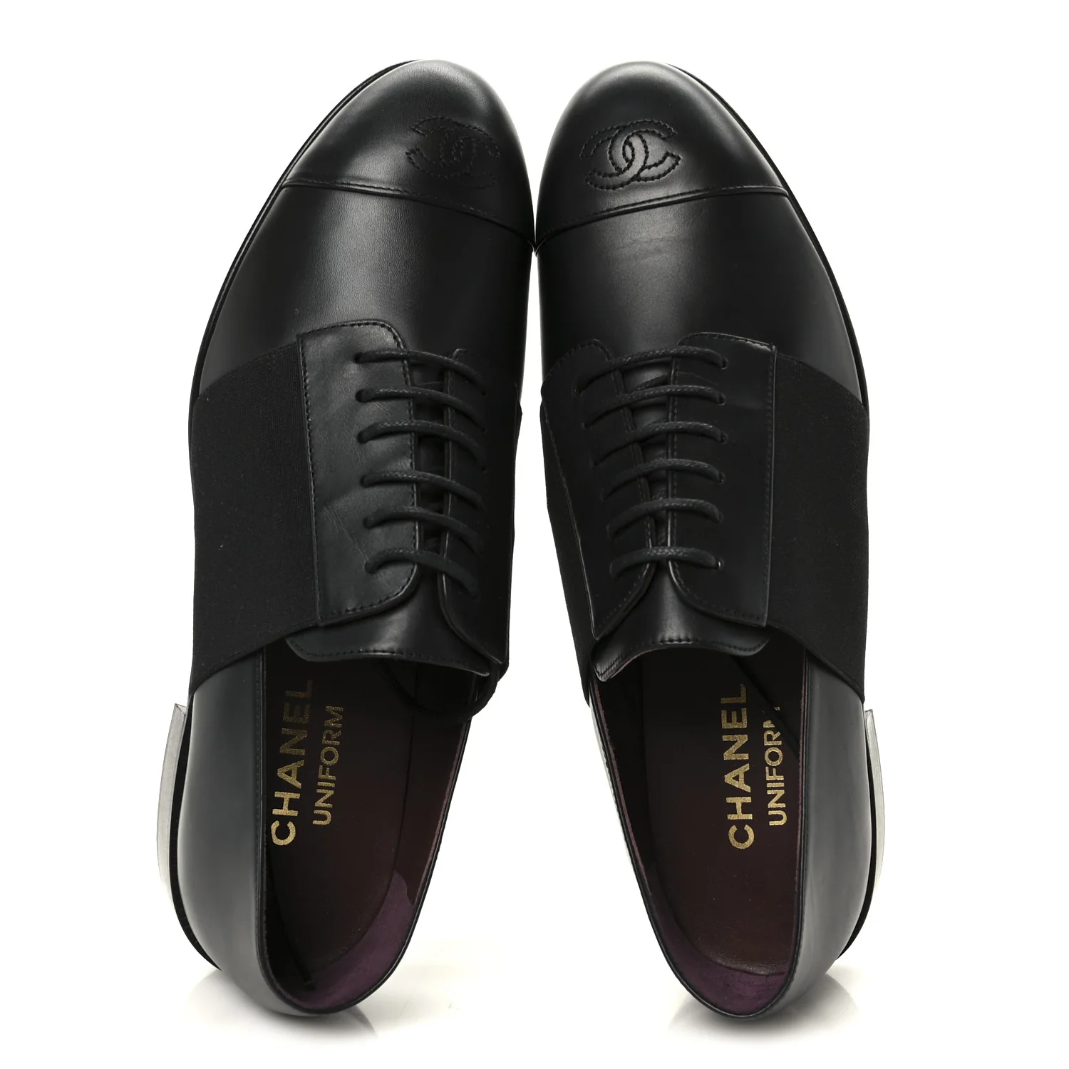 Calfskin Elastic Lace Up Cap Toe CC Loafers 39 Black - Image 2