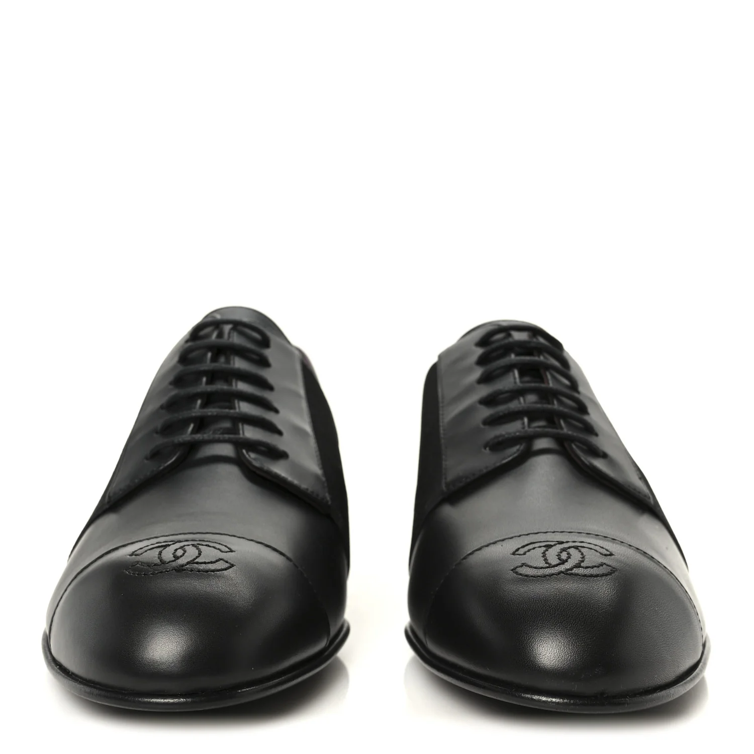 Calfskin Elastic Lace Up Cap Toe CC Loafers 39 Black - Image 3