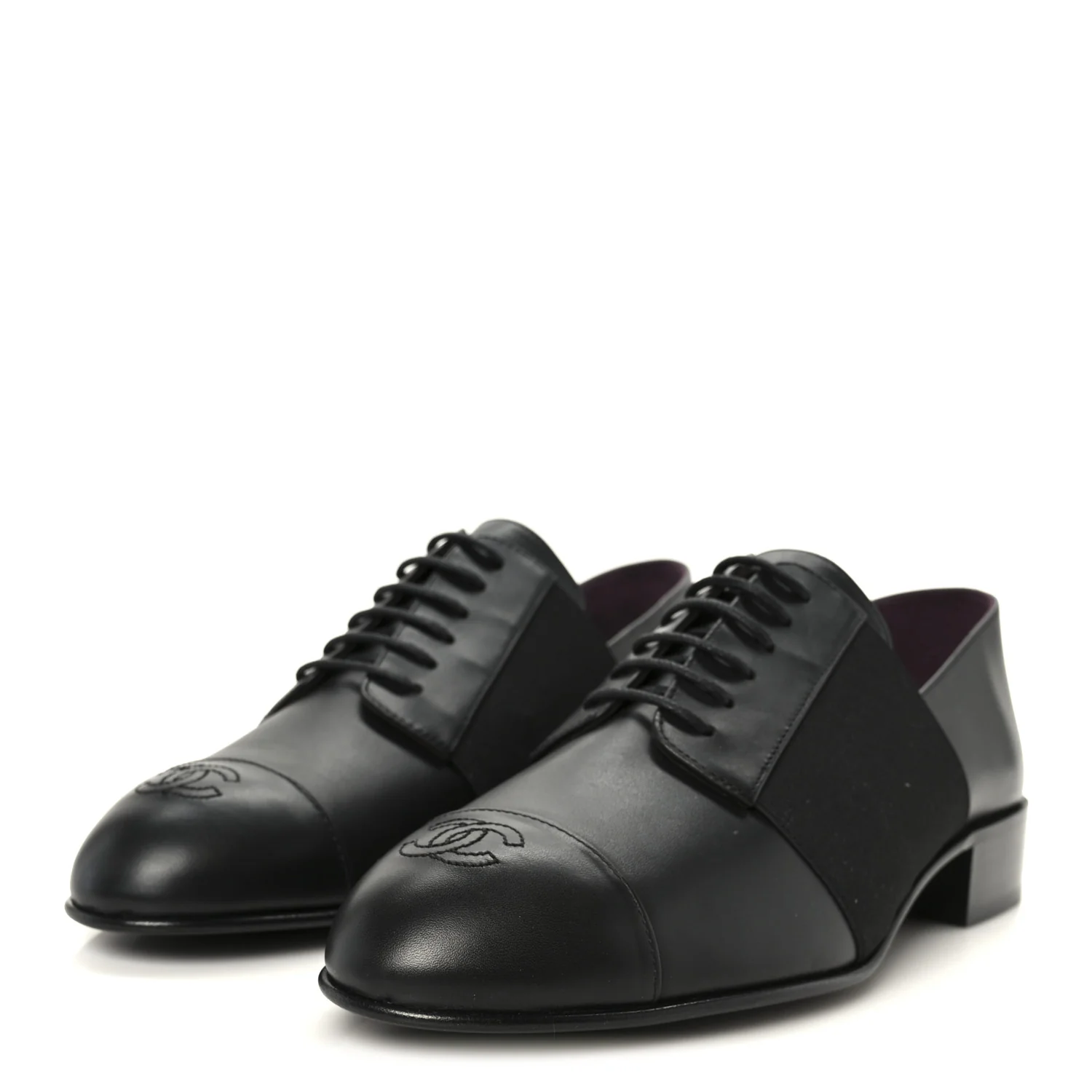 Calfskin Elastic Lace Up Cap Toe CC Loafers 39 Black - Image 4