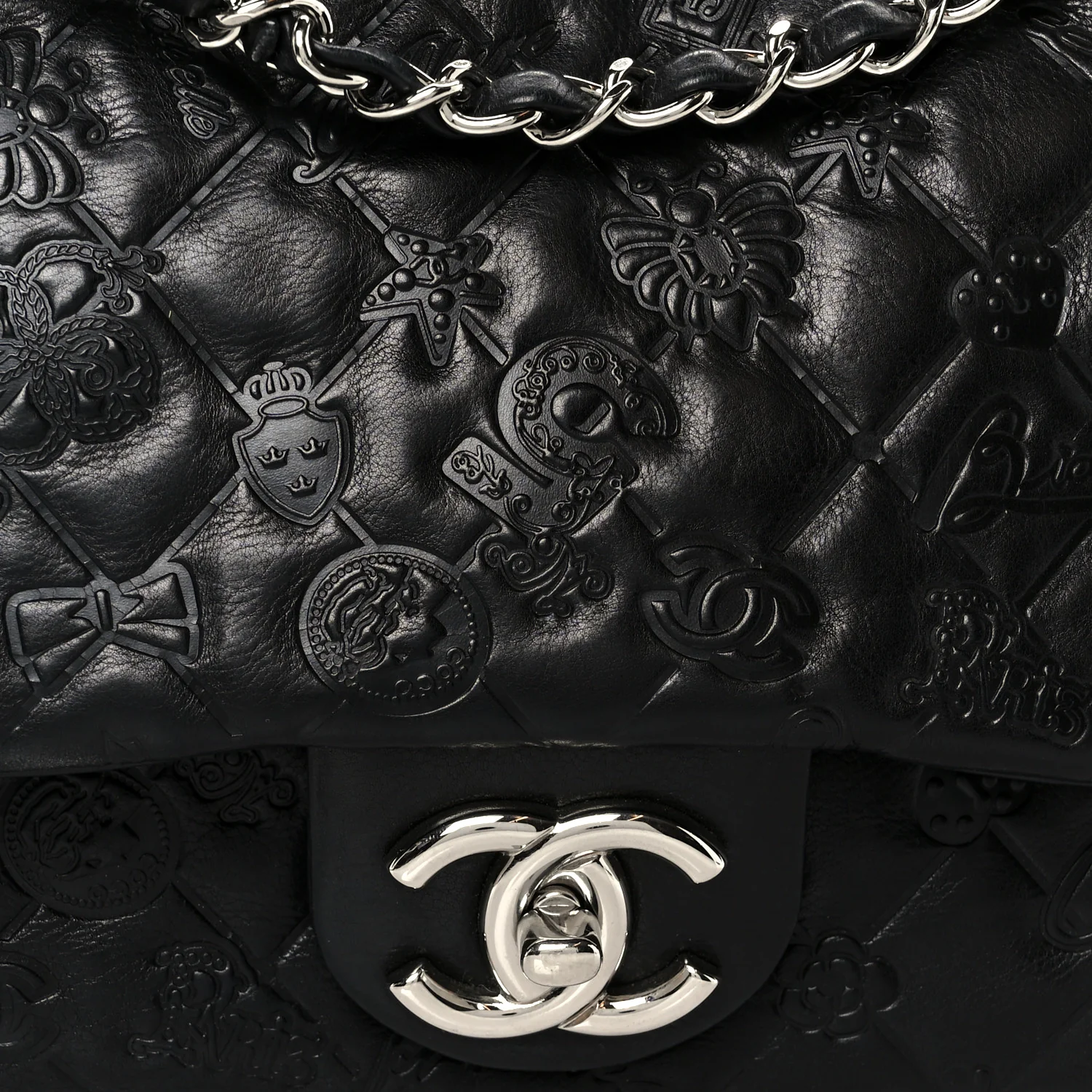 Calfskin Embossed Large Lucky Symbols Flap Black - Image 9