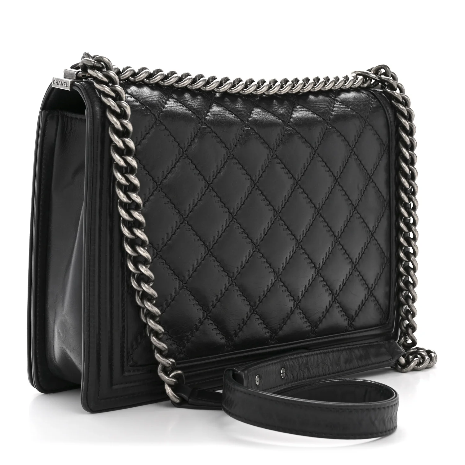 Calfskin Embossed Stitch Large Boy Flap Black - Image 3