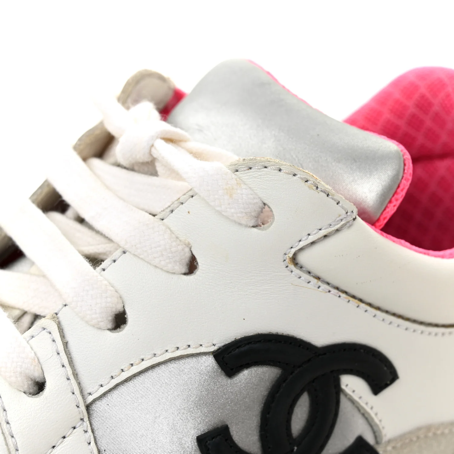 Calfskin Fabric Sneakers 36 White Silver Fluo Pink - Image 10