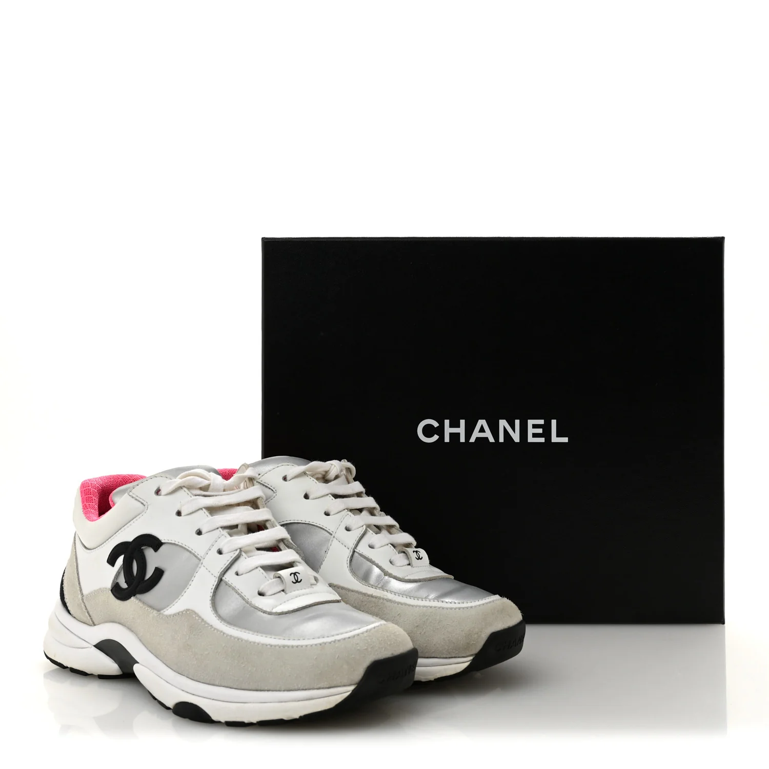 Calfskin Fabric Sneakers 36 White Silver Fluo Pink - Image 14