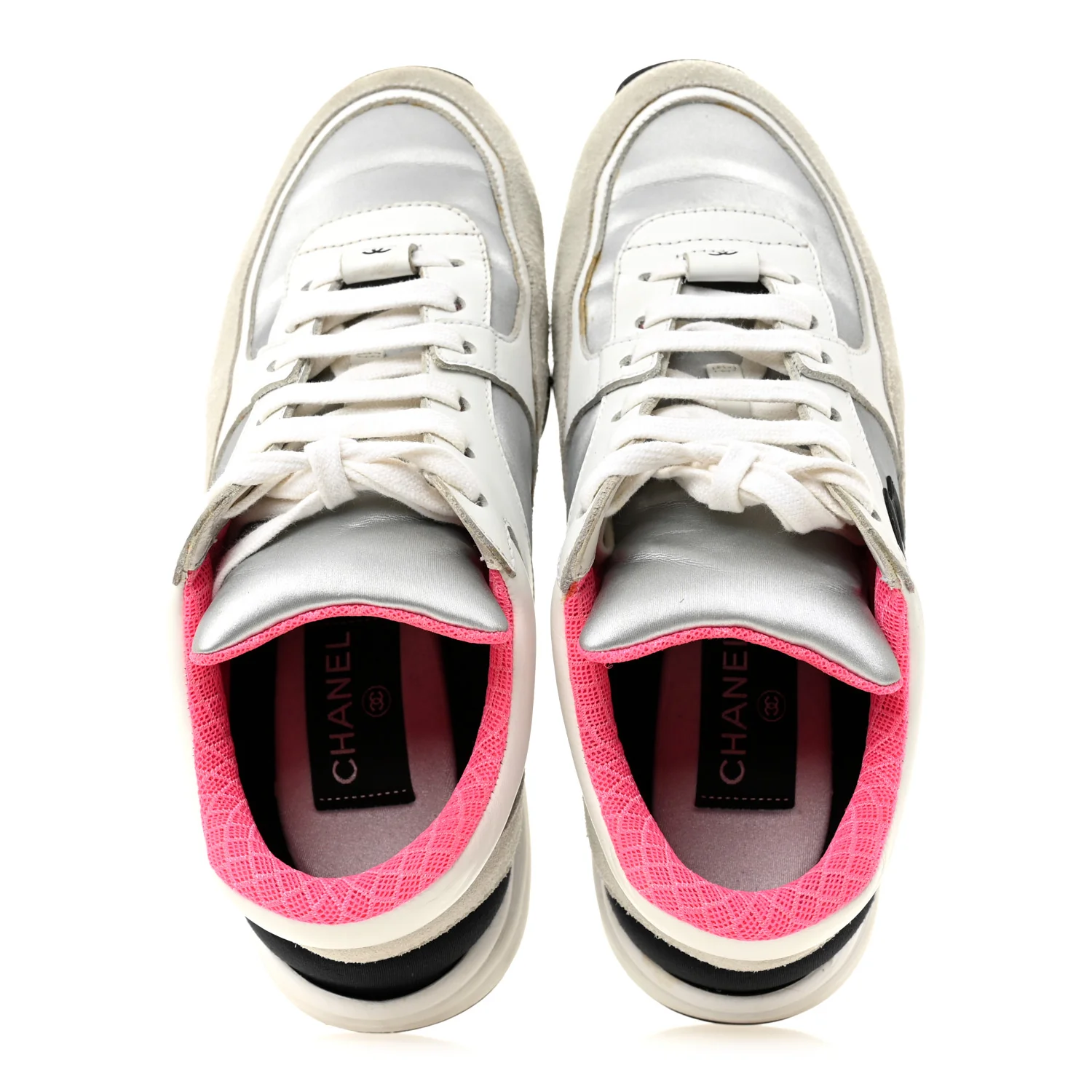 Calfskin Fabric Sneakers 36 White Silver Fluo Pink - Image 2