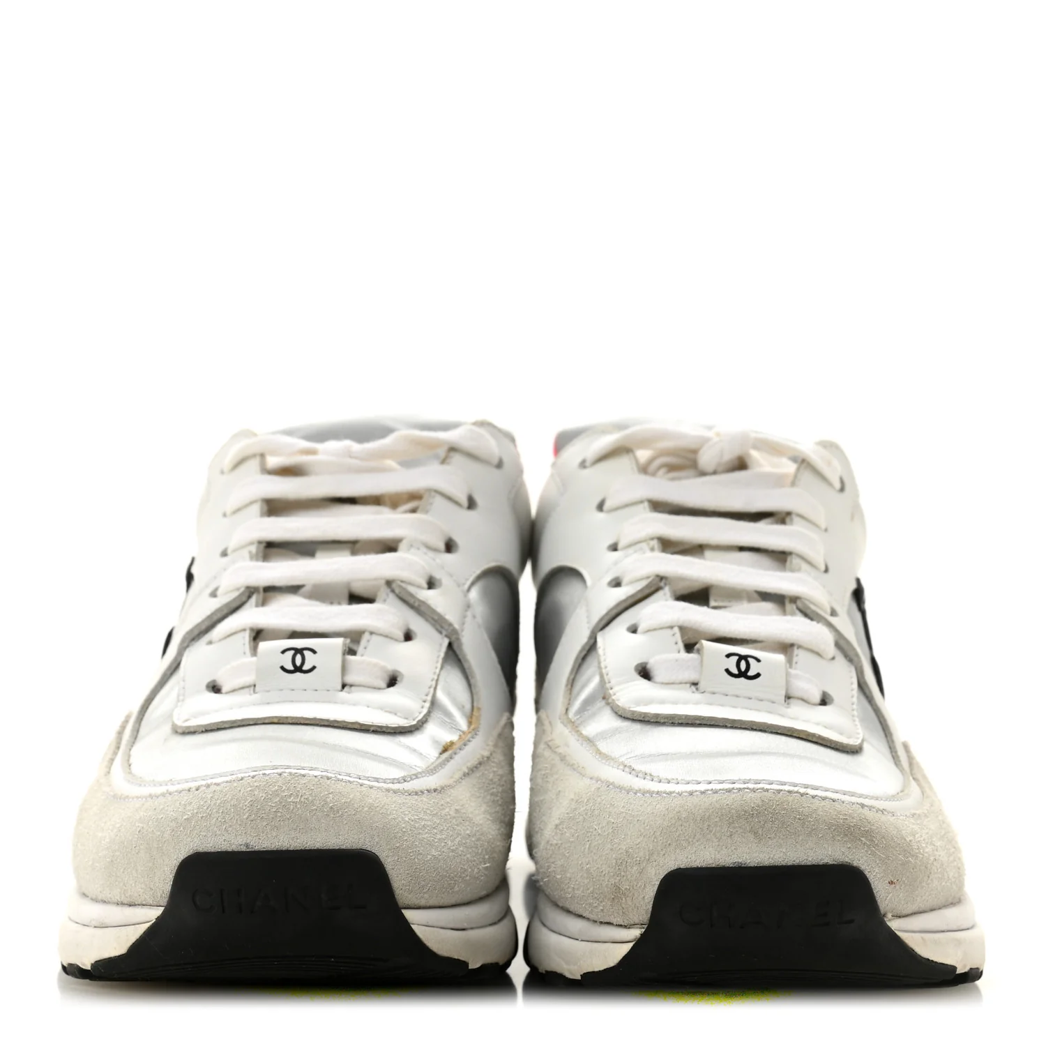 Calfskin Fabric Sneakers 36 White Silver Fluo Pink - Image 3