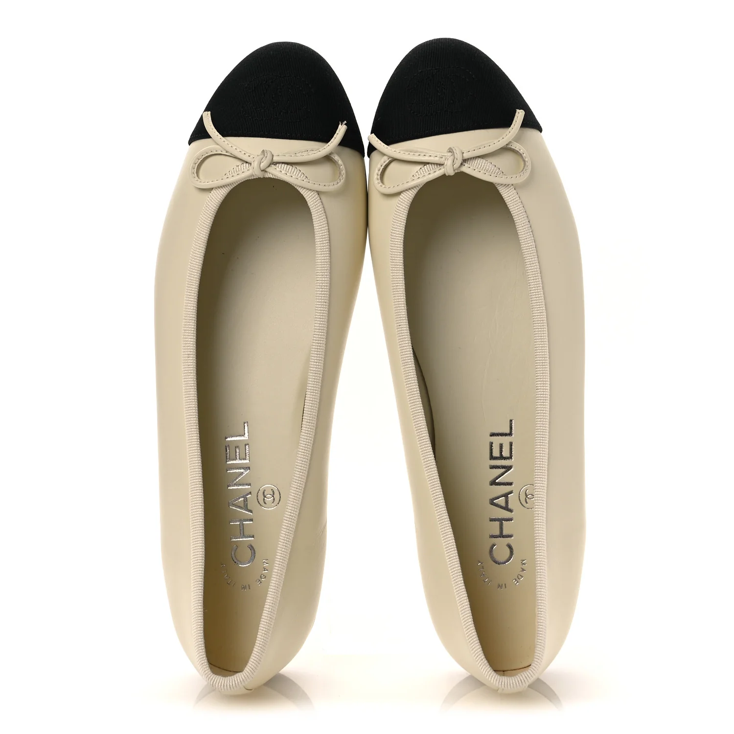 Calfskin Grosgrain Cap Toe CC Ballerina Flats 37 Ivory Black - Image 2