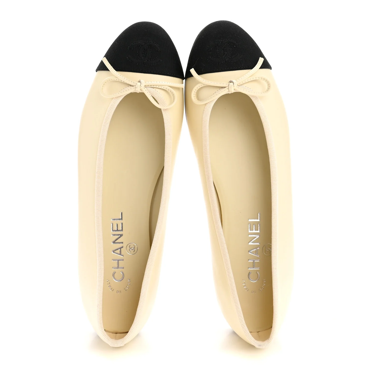 Calfskin Grosgrain Cap Toe CC Ballerina Flats 38 Ivory Black - Image 2