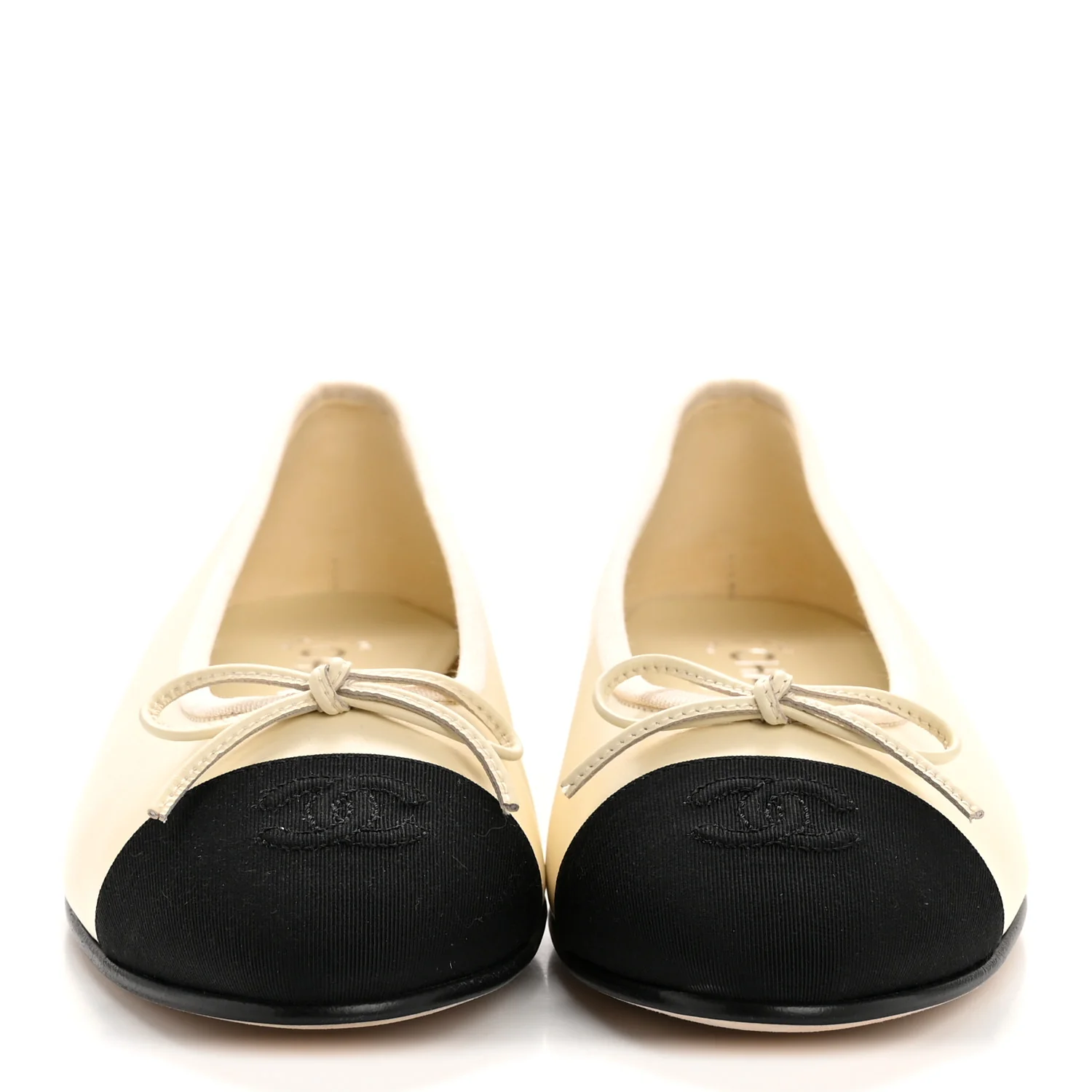 Calfskin Grosgrain Cap Toe CC Ballerina Flats 38 Ivory Black - Image 3