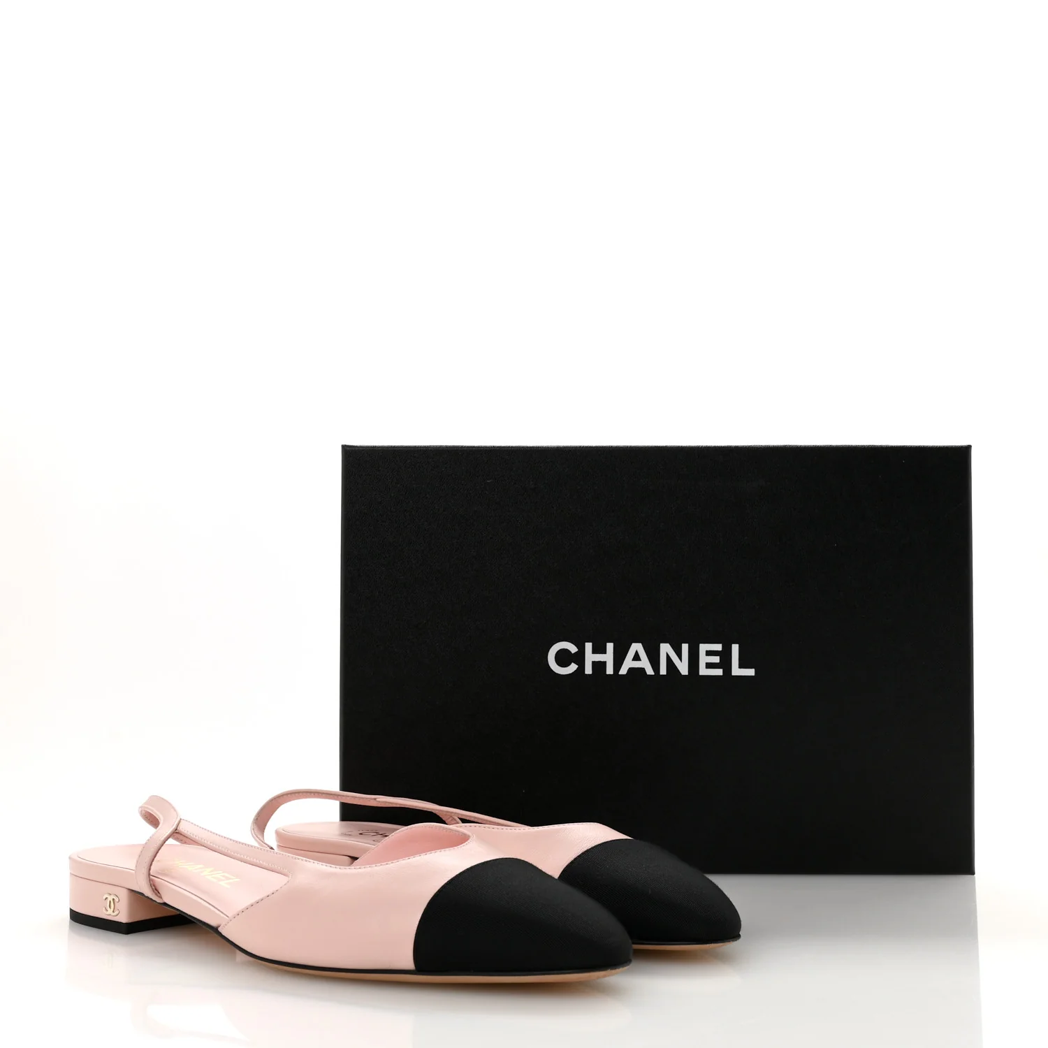 Calfskin Grosgrain Cap Toe CC Slingback Flats 39 Light Pink Black - Image 10
