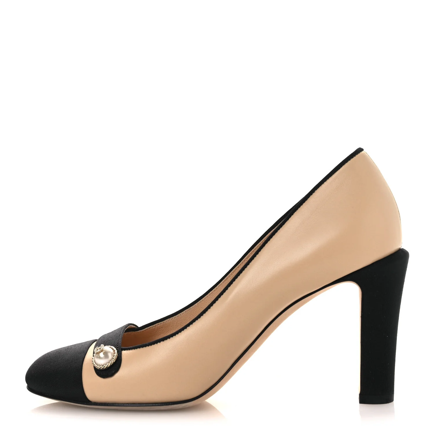 Calfskin Grosgrain Cap Toe Pearl Pumps 36.5 Beige Black