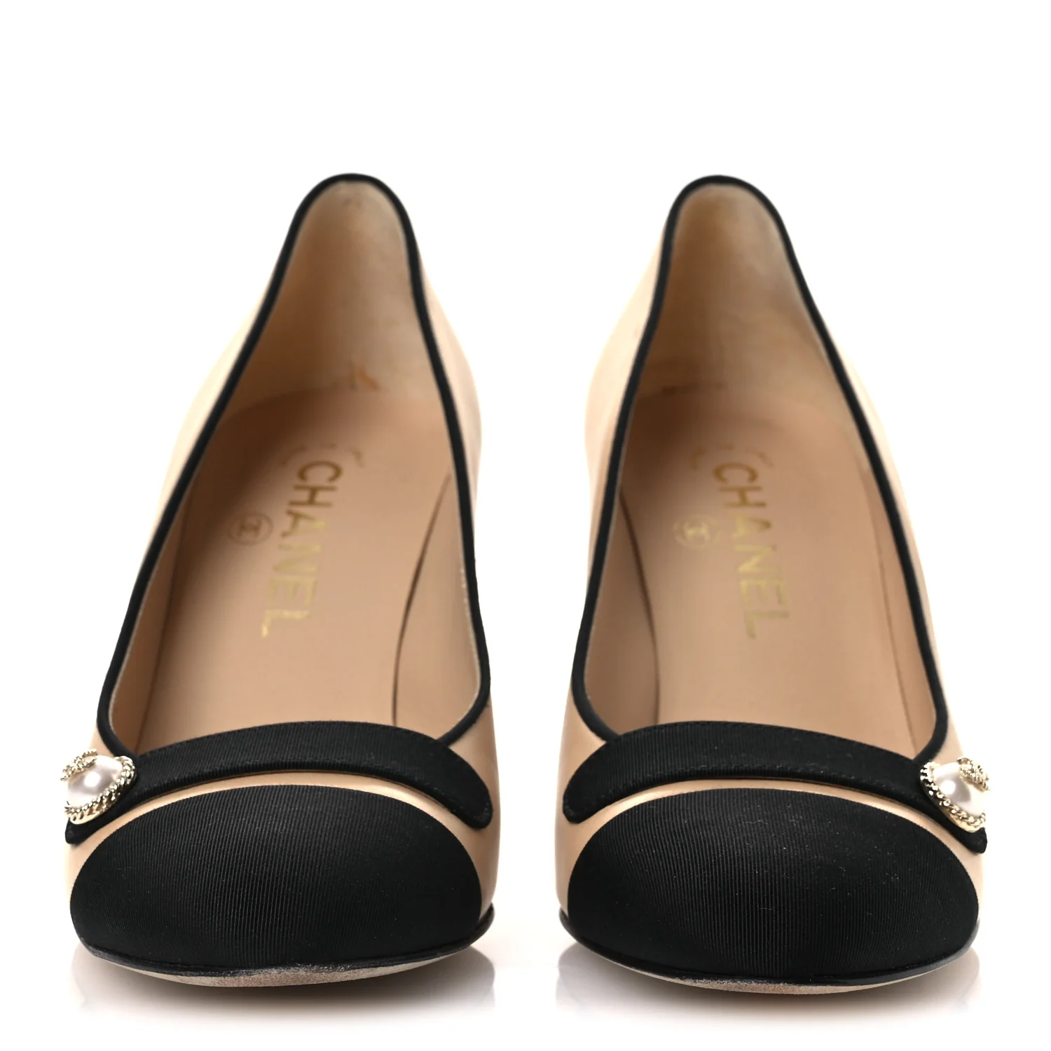 Calfskin Grosgrain Cap Toe Pearl Pumps 36.5 Beige Black - Image 3