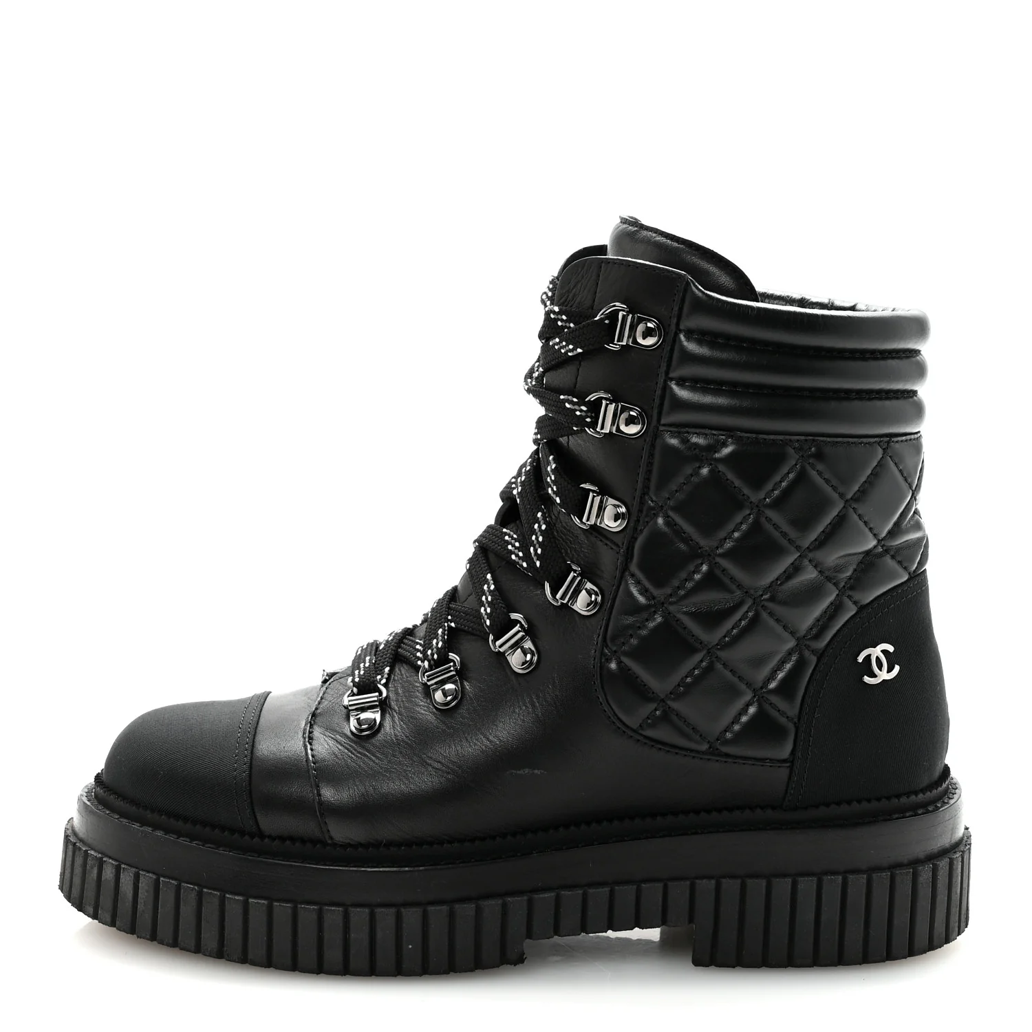 Calfskin Grosgrain Quilted Lace Up Boots 38.5 Black Grey