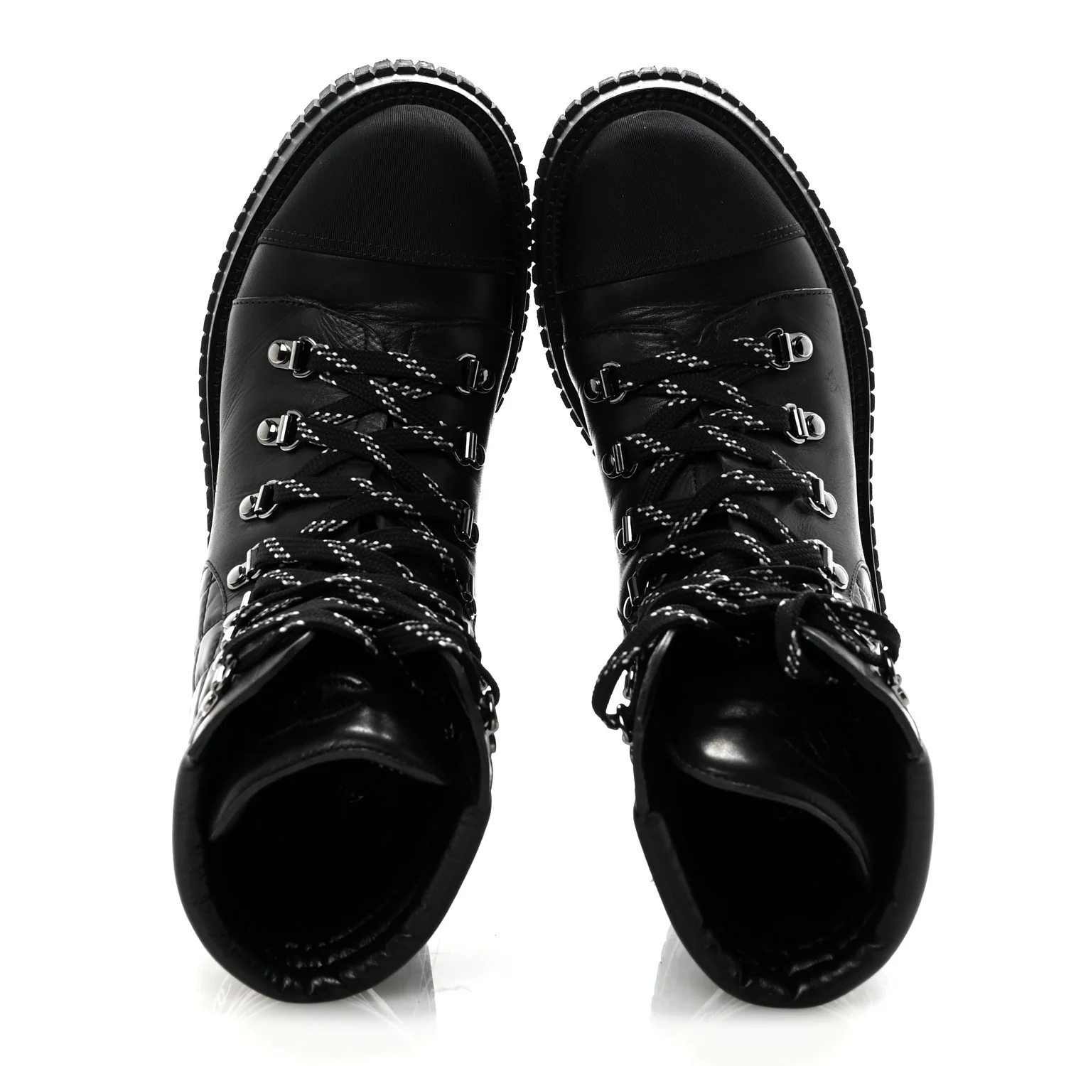 Calfskin Grosgrain Quilted Lace Up Boots 38.5 Black Grey - Image 2
