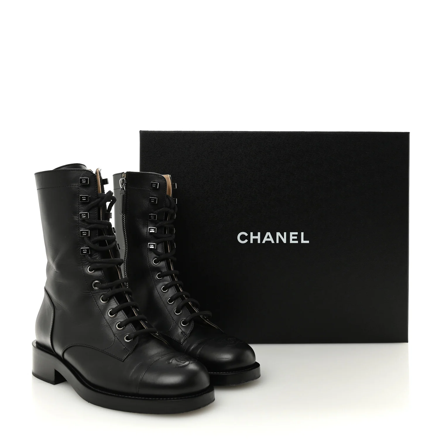 Calfskin Lace Up Combat Boots 37.5 Black - Image 13