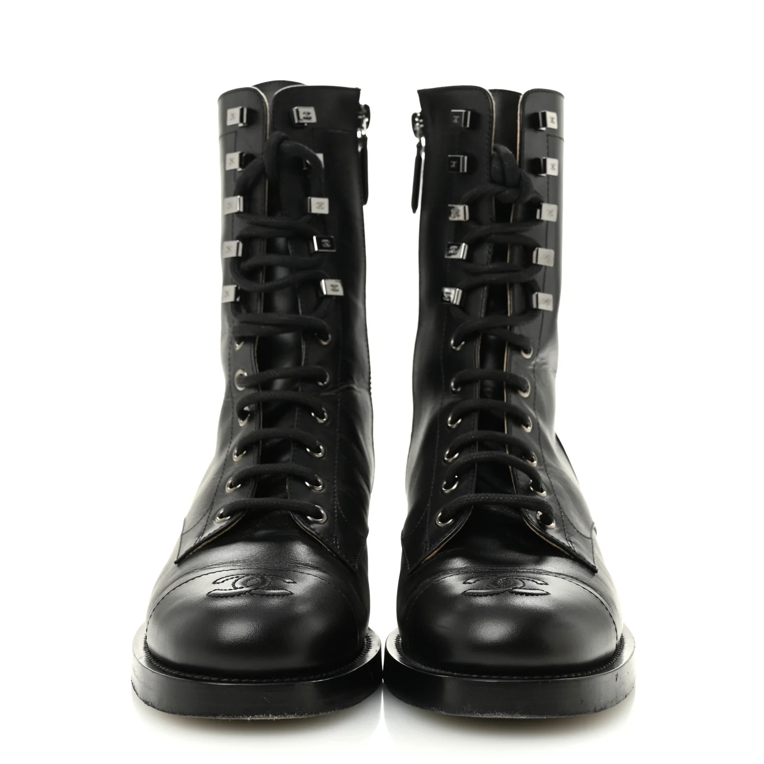 Calfskin Lace Up Combat Boots 37.5 Black - Image 3