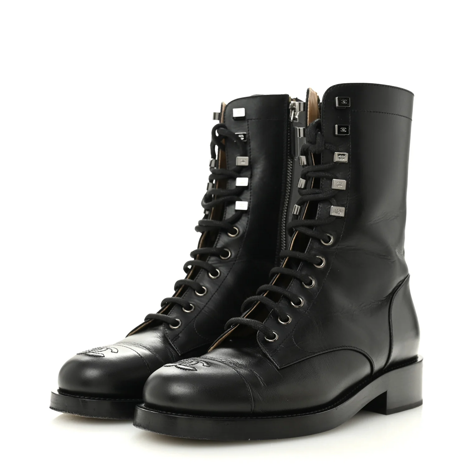Calfskin Lace Up Combat Boots 37.5 Black - Image 4