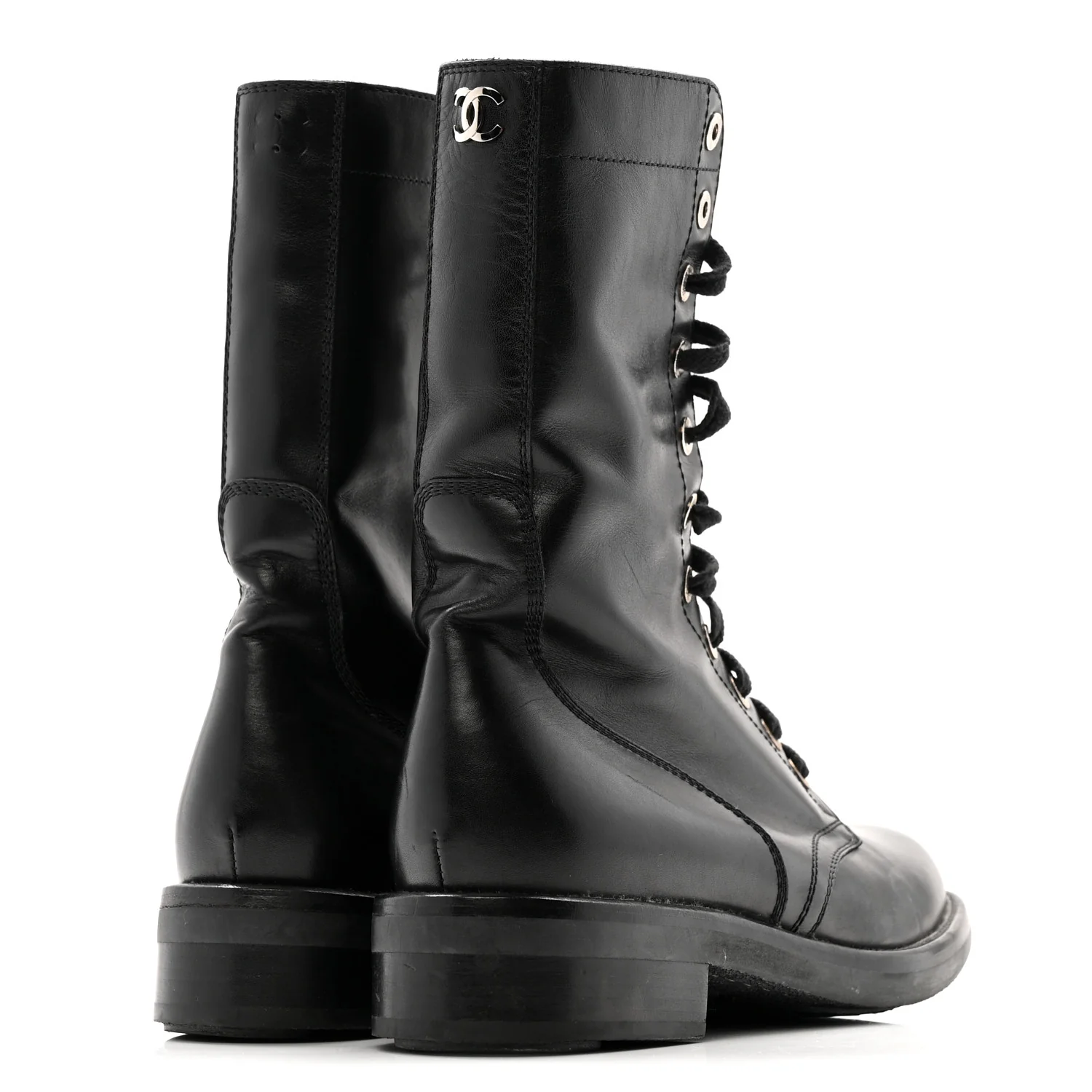 Calfskin Lace Up Combat Boots  39.5 Black - Image 5