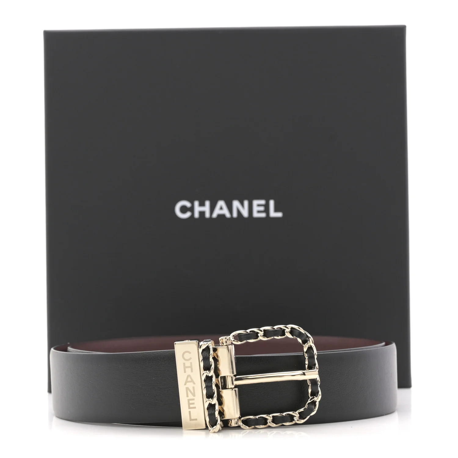 Calfskin Lambskin Metal Chain Reversible Belt 80 32 Black Burgundy - Image 6