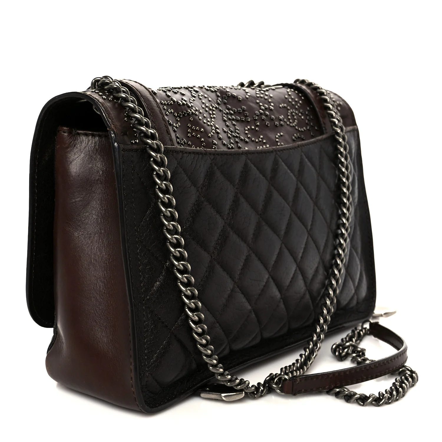 Calfskin Lambskin Studded Paris Dallas Texan Flap Brown Black - Image 3