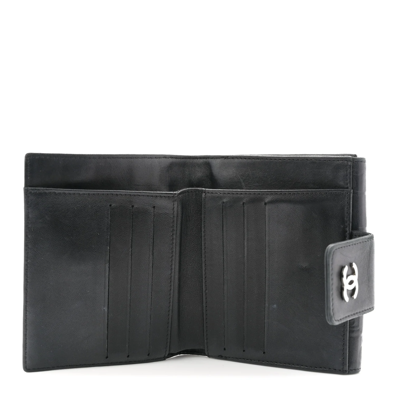Calfskin Lucky Symbols Compact French Flap Wallet Black - Image 5