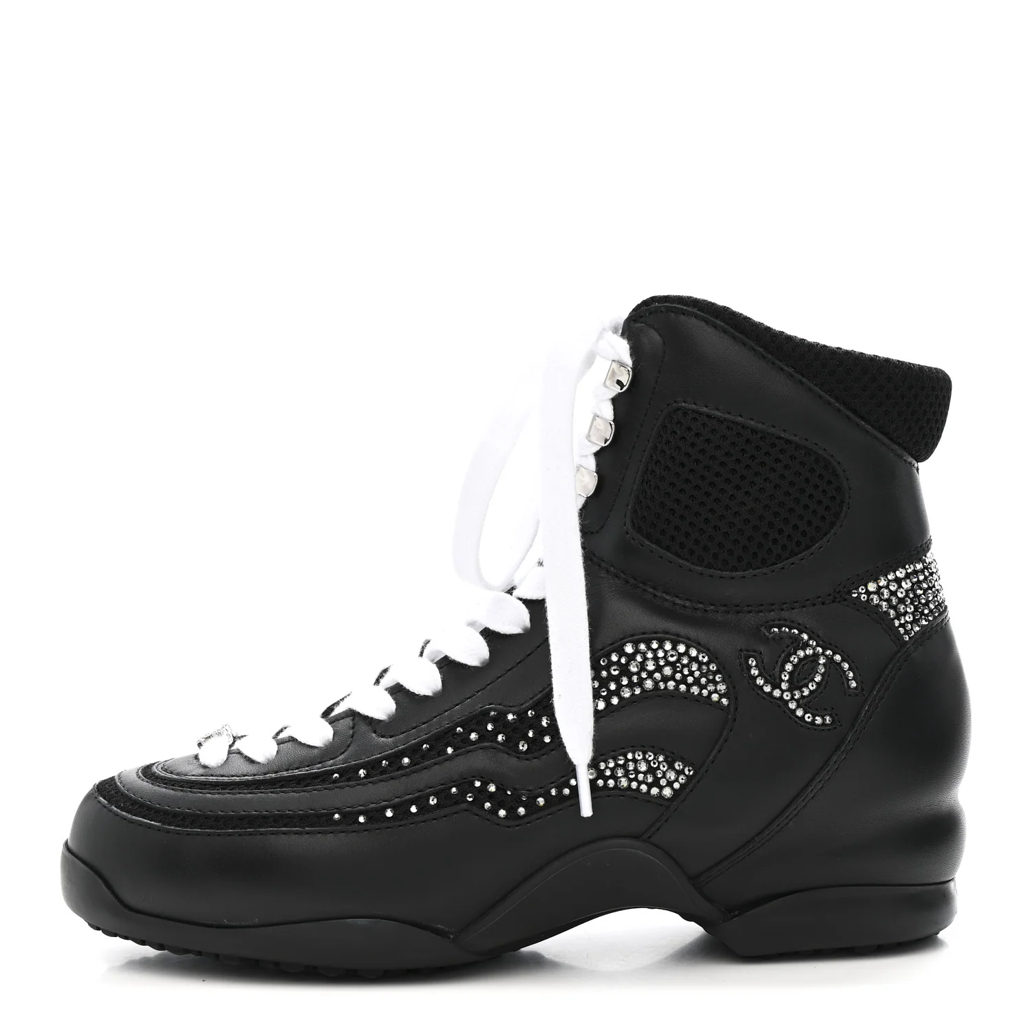 Calfskin Mesh Strass Womens CC Sneakers 37 Black Silver