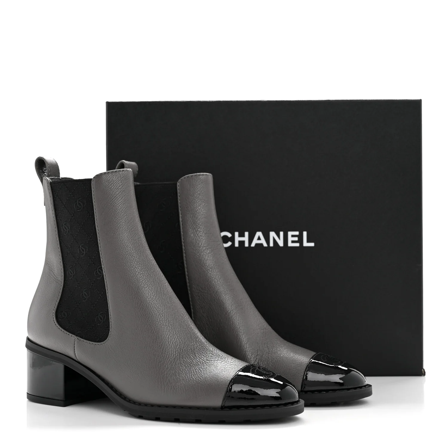 Calfskin Patent Cap Toe CC Short Boots 39 Grey Black - Image 20