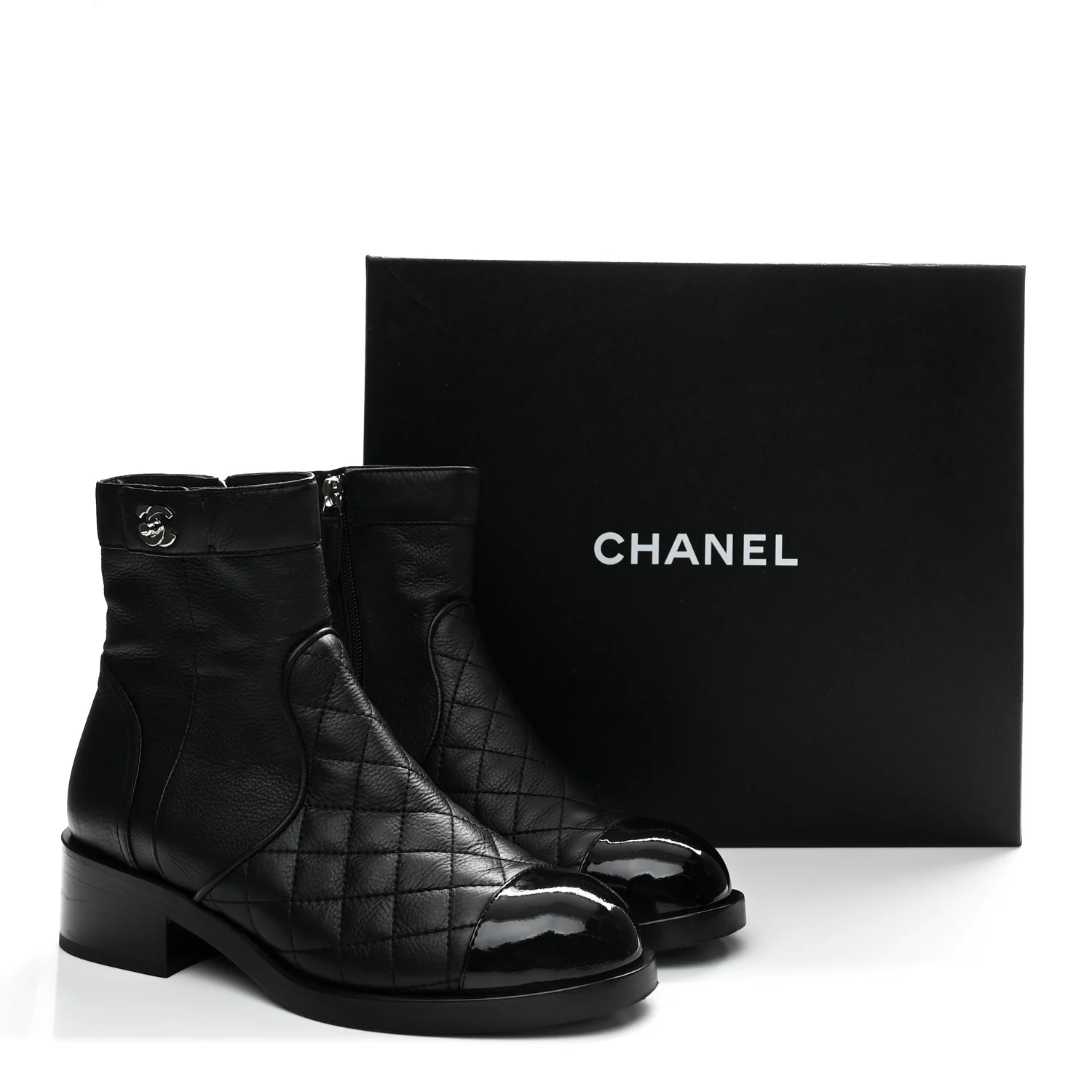 Calfskin Patent Quilted Cap Toe Short Boots 37.5 Black - Image 19