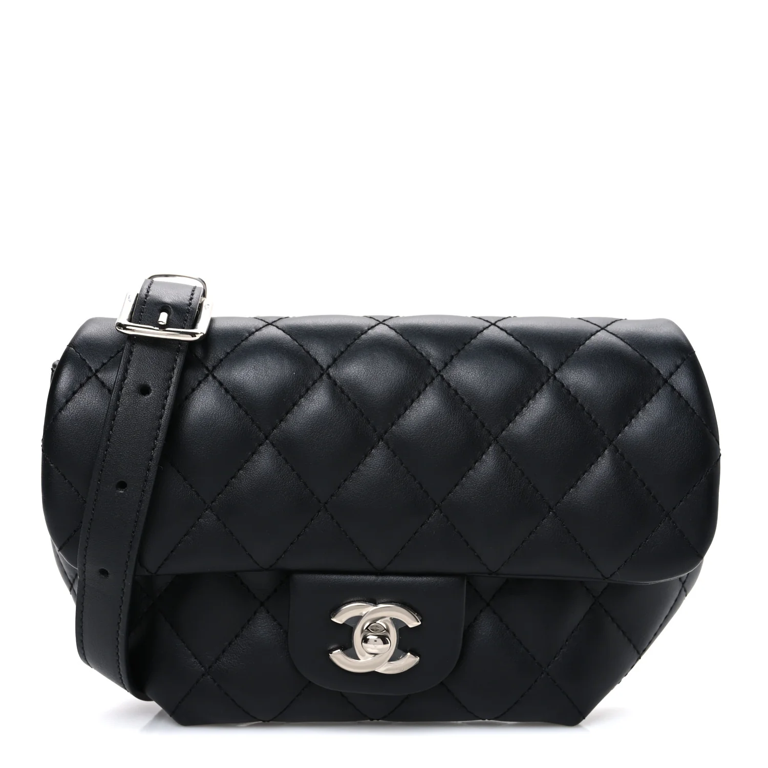 Calfskin Quilted CC Uniform Flap Belt Bag Black
