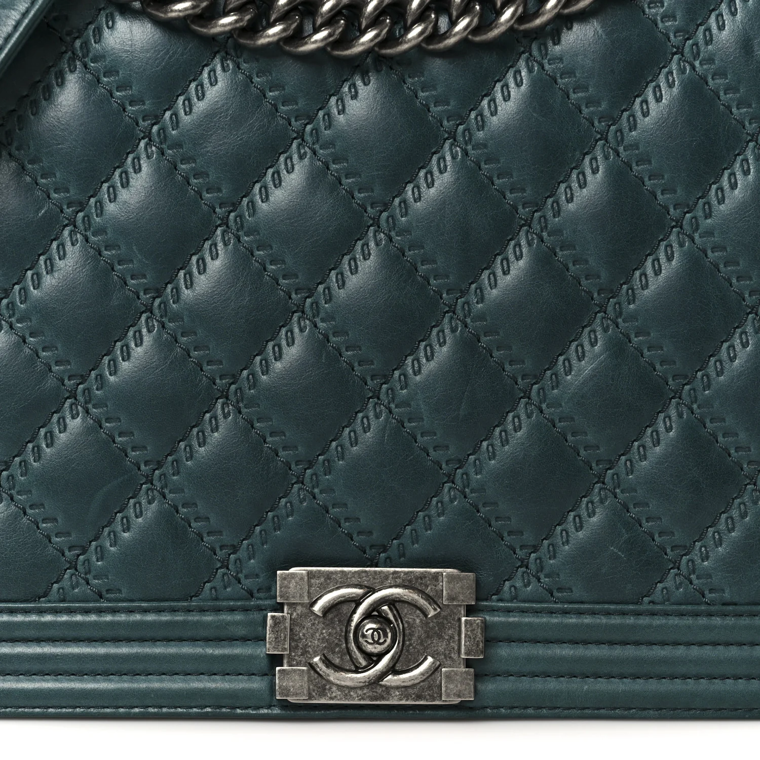 Calfskin Quilted Double Stitch Large Boy Flap Green - Image 8