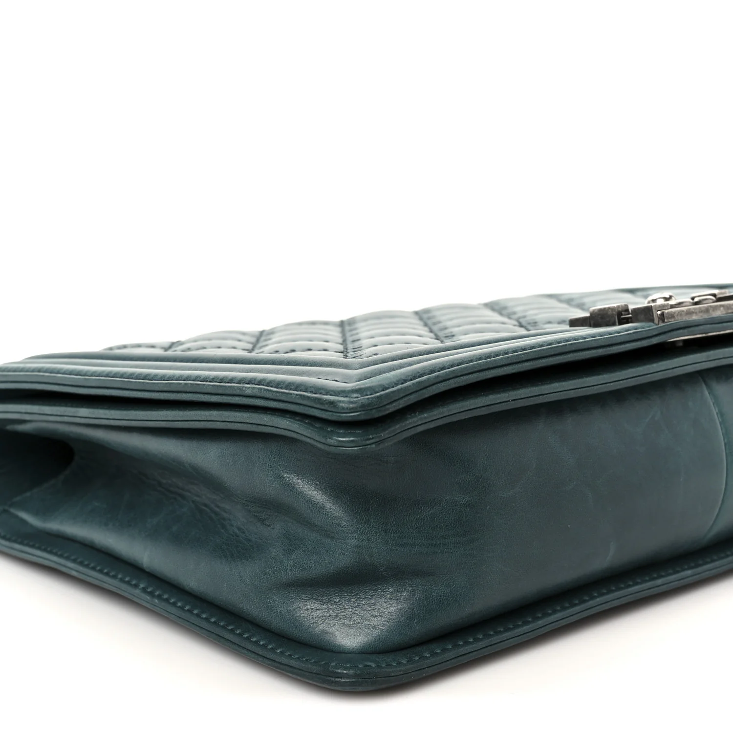 Calfskin Quilted Double Stitch Large Boy Flap Green - Image 9