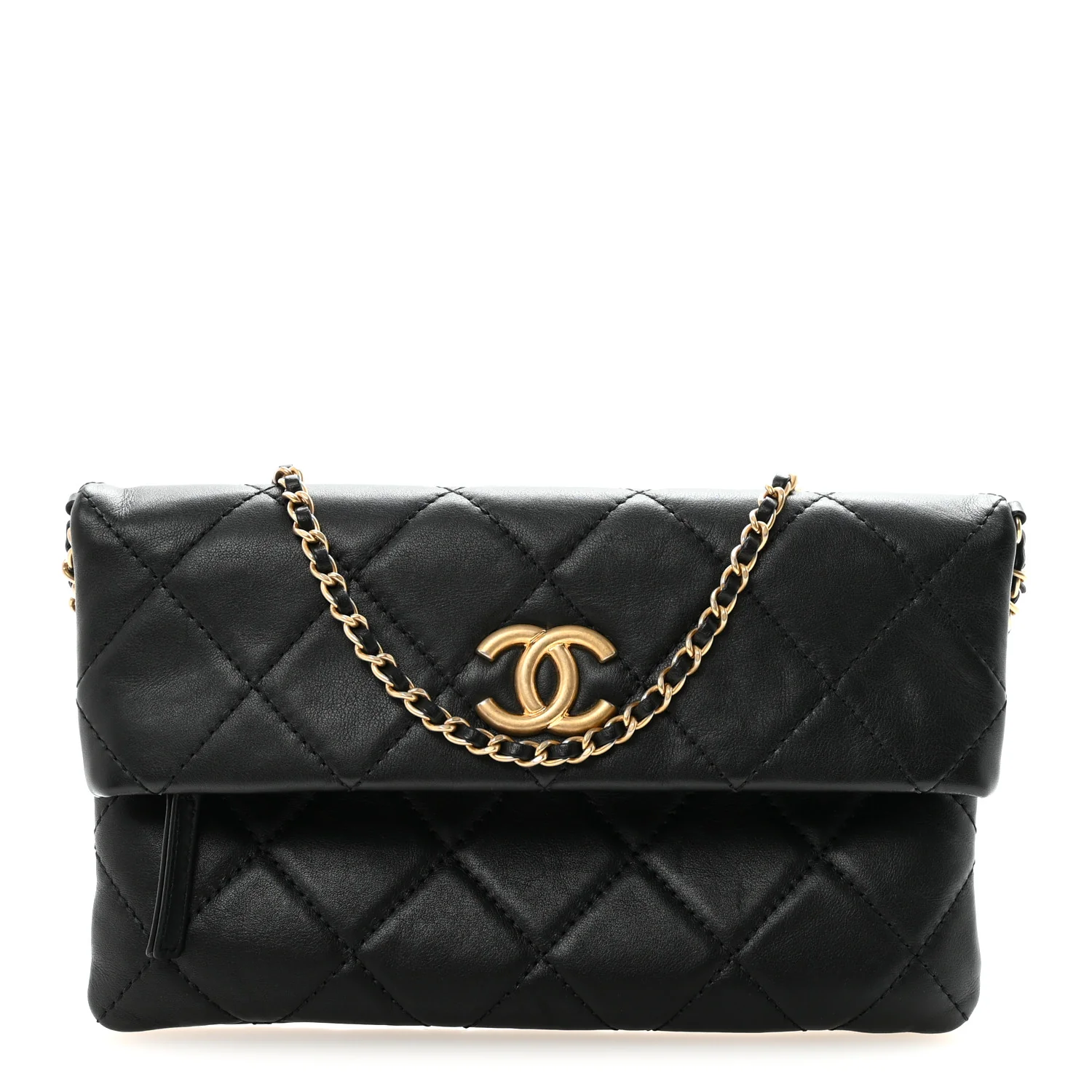 Calfskin Quilted Fold Over Clutch Black