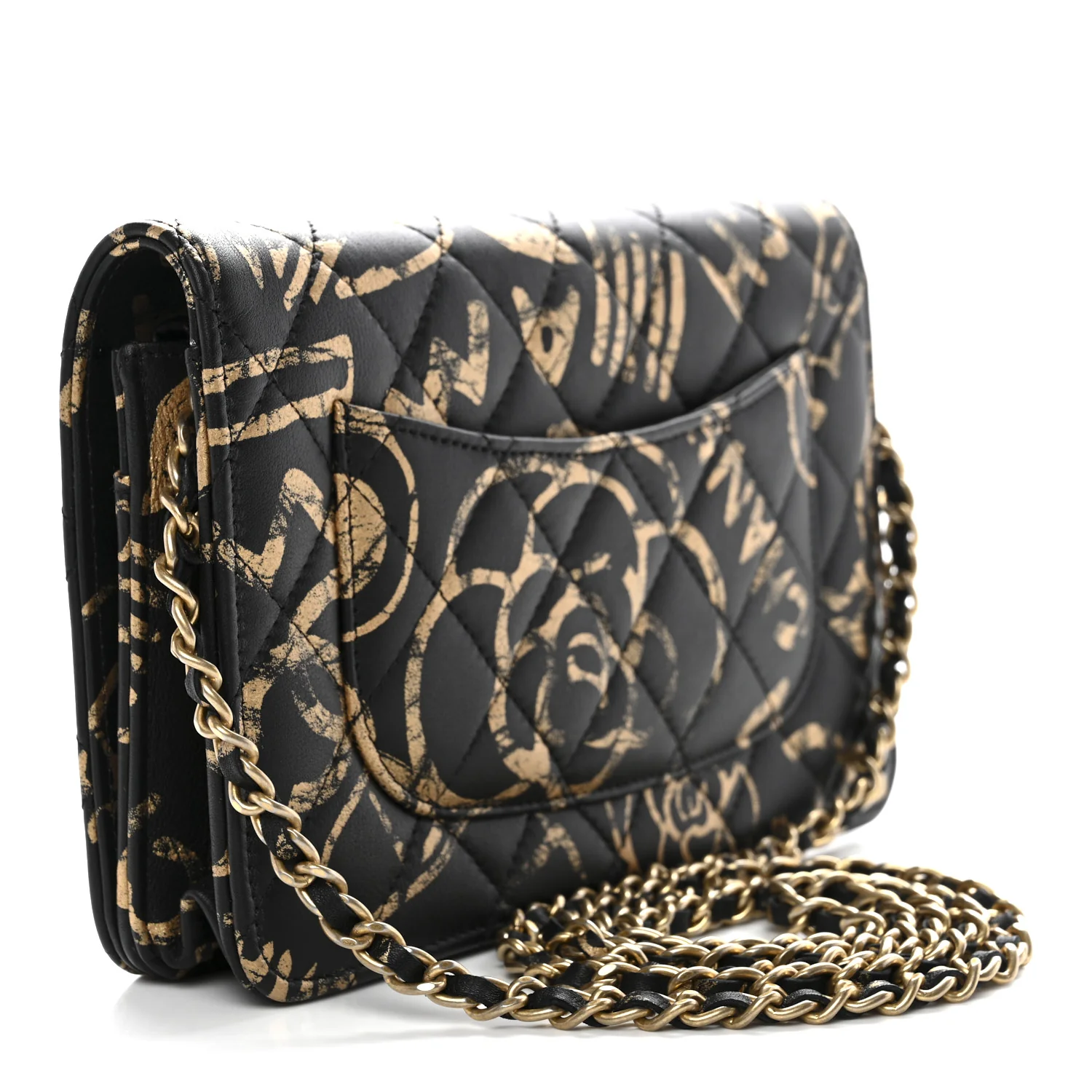 Calfskin Quilted Graffiti Pyramid Wallet On Chain WOC Black - Image 3