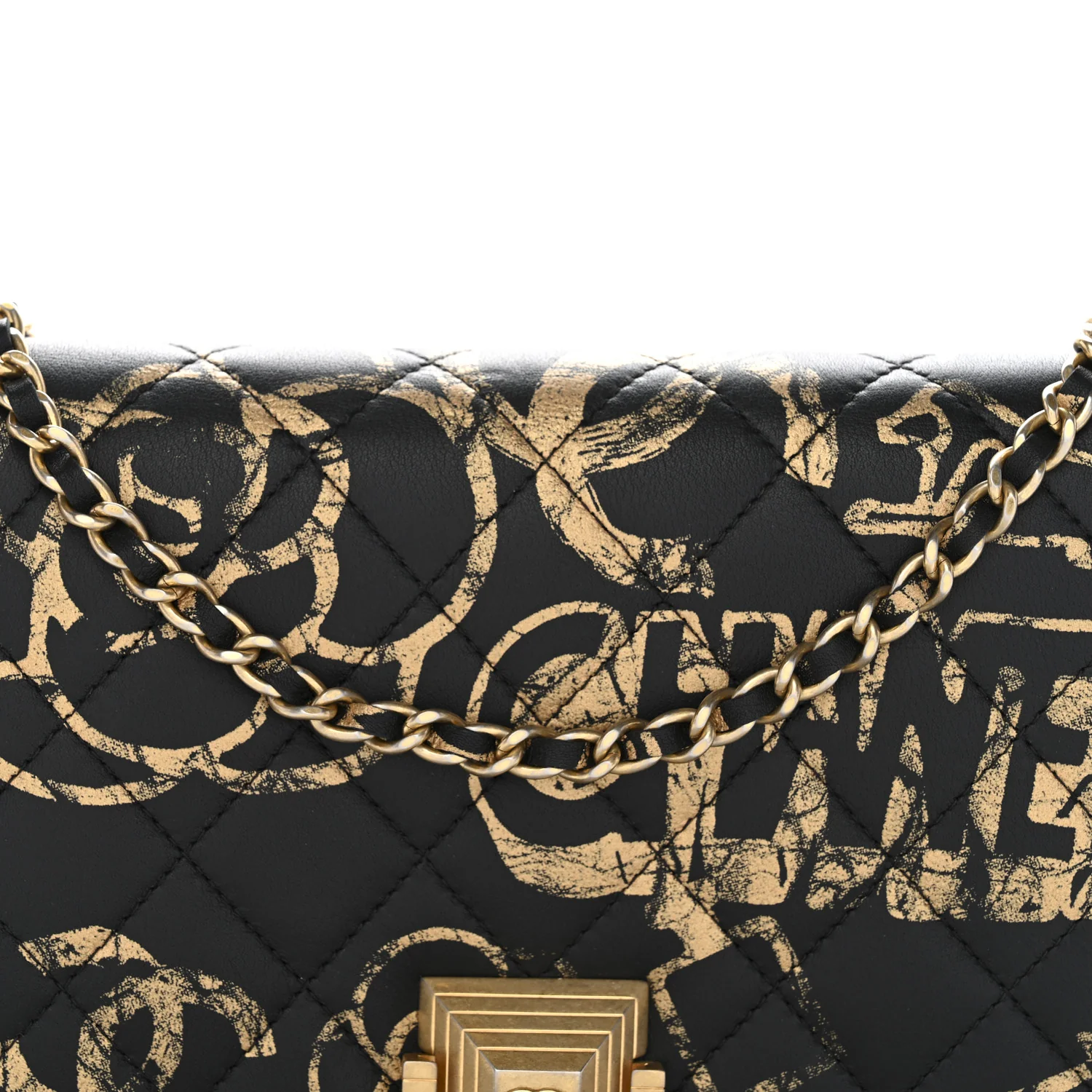 Calfskin Quilted Graffiti Pyramid Wallet On Chain WOC Black - Image 9