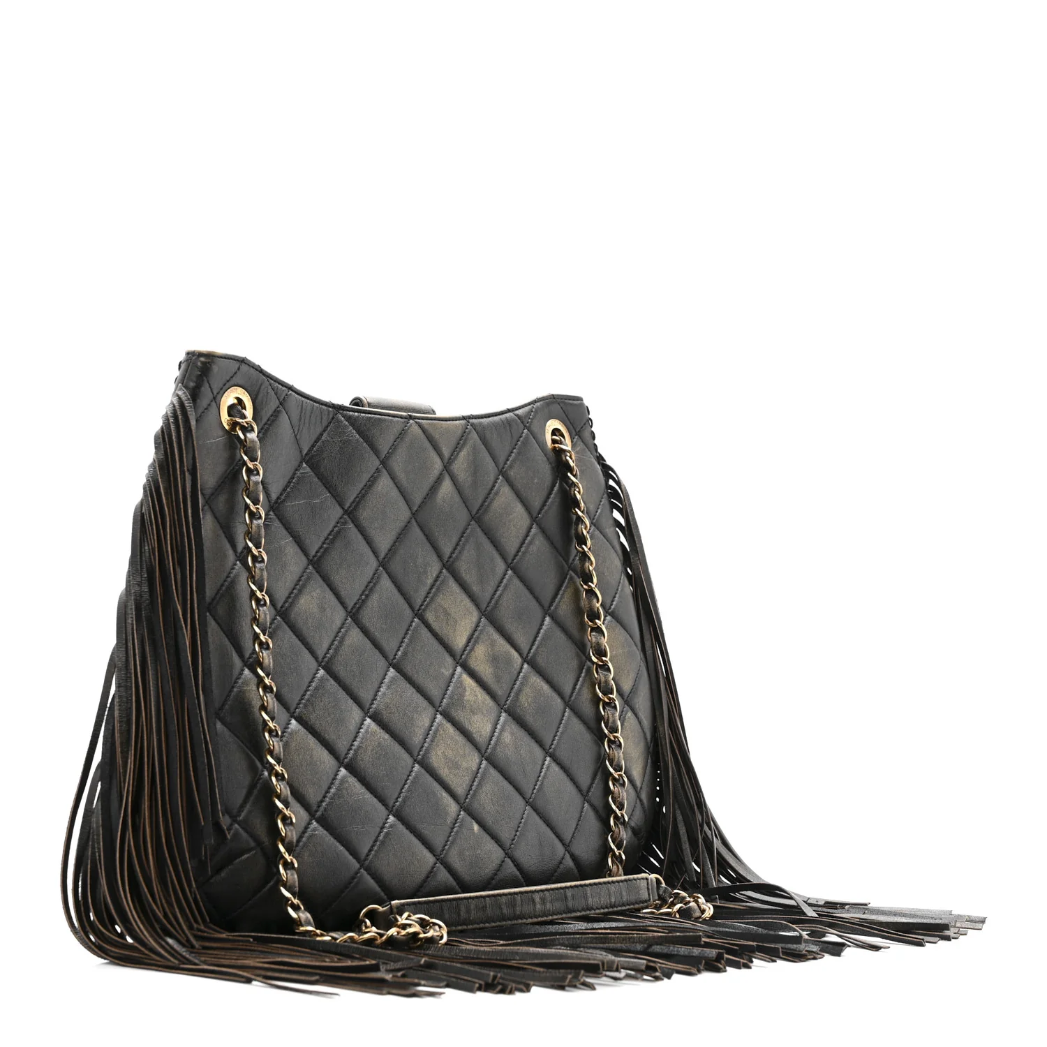 Calfskin Quilted Into The Fringe Hobo Black Gold - Image 3