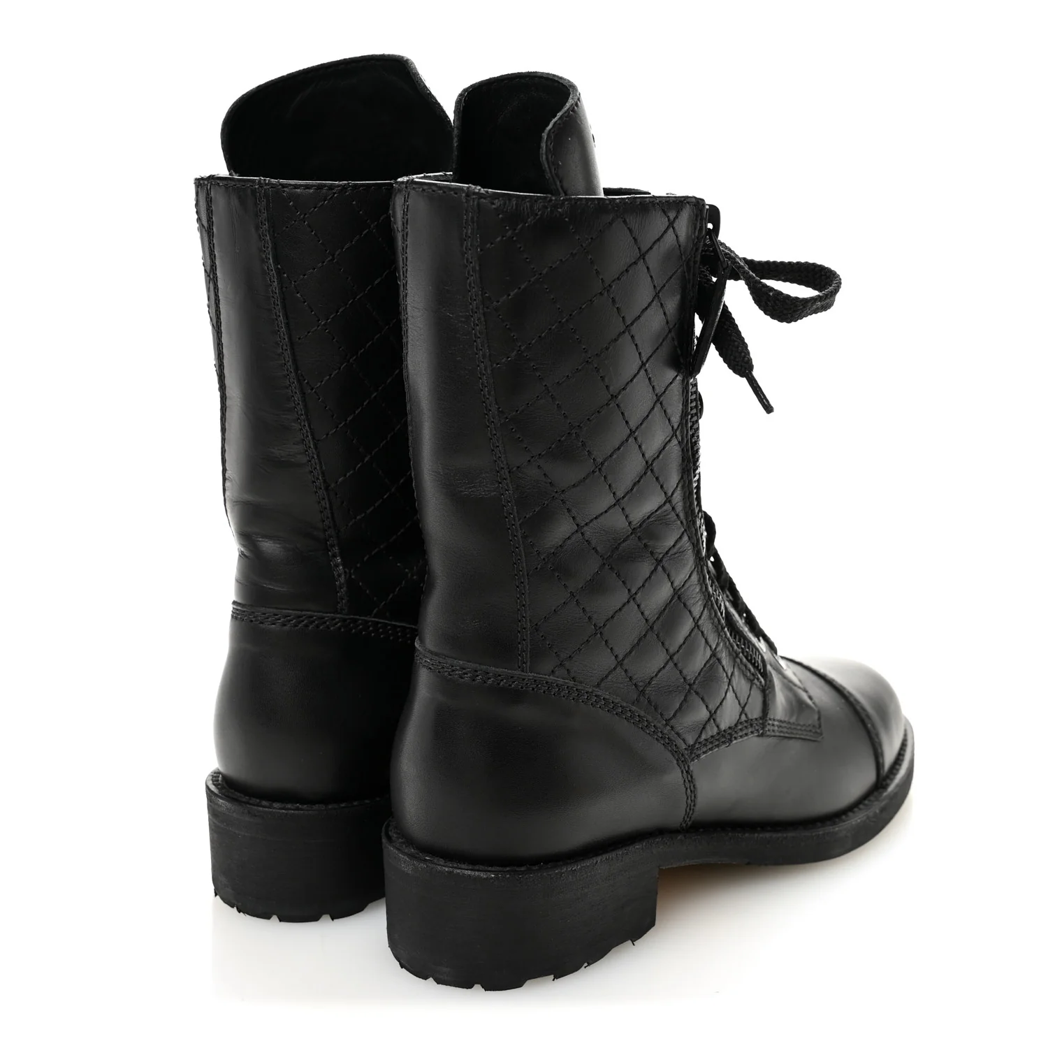 Calfskin Quilted Lace Up Combat Boots 36.5 Black - Image 4